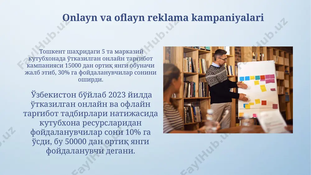 b oldi. ijtimoiy tarmoqlardan foydalanish куйиш шаҳридаги марказий кутубхона ўз instagram саҳифасида 2023 йилда 15000 дан ортиқ обуначига эга бўлиб, бу ерда китоб тақдимотлари ва онлайн адабиёт муҳокамаларини ўтказди. тошкент шаҳридаги ёшлар кутубхонаси tiktok’даги 10 та қисқа видеоролик орқали 2022-2023 йилларда 5000 дан ортиқ янги обуначи жалб қилиб, кутубхона хизматларини тарғиб қилди. kelajakdagi rejalar va istiqbollar андижондаги 3 та отм кутубхоналари билан ҳамкорликда, студентлар орасида китоб ўқишга бўлган қизиқишни ошириш учун интерактив pr ва реклама тадбирларини амалга ошириш бўйича 3 йиллик лойиҳа режалаштирилган. келажакда 5 йил ичида тошкент шаҳридаги 10 та туман кутубхонасида янгиланган pr ва реклама стратегиясини жорий этиш, бу орқали китобхонлар сонини 20% га оширишни режалаштирилган. natijalarni baholash va tahlil qilish самарқанд вилоятидаги 10 та қишлоқ кутубхоналаридаги реклама кампаниялари натижасида китоб ўқиш даражаси 15% га ошганлиги ва 3000 дан ортиқ янги ўқувчи жалб этилганлиги аниқланди. тошкент шаҳридаги 5 та марказий кутубхонада ўтказилган pr тадбирларидан кейинги веб-сайтга ташриф буюрувчилар …