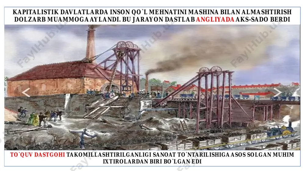 akchilik qishloq xo‘jaligidan sanoatga o‘tdi. buyuk britaniya dunyoning birinchi sanoatlashgan mamlakatiga aylandi. xix asrning 40-yillariga kelib, sanoatning gurkirab rivojlanishi va ilm-fan taraqqiyoti yangi bir hodisa — sanoat to‘ntarishining tugallanishiga olib keldi. sanoat to‘ntarishining tugallanishi deyilganda, bir mashina yordamida boshqa mashinaning yaratilishi boshlanganligi tushuniladi. buyuk britaniyada bu hodisa xix asrning 40-yillarida yuz berdi. sanoatda bug‘ mashinasi asosiy kuch bo‘lib qoldi. toshko‘mir yoqilg‘ining eng muhim turiga aylandi. mashhur fizik va kimyogar olimlar — italiyalik alessandro volta, angliyalik gemfri devi va maykl faradey hamda fransuz andre-mari amper elektrdan foydalanishning asoslarini yaratdilar. gemfri devini hatto napaleon ham yuqori baholab, 1805-yilda unga 3000 frank mukofot tayinlaydi 1882-yil nyu-yorkda edison qurgan birinchi issiqlik elektr stansiyasi yuzlarcha iste’molchilarni energiya bilan ta’minlay boshlagan 1895- yildan buyuk britaniya va aqshning yirik shaharlarida tramvay ishlatila boshlandi. temiryo‘llarni elektrlashtirish sohasida tajribalar o‘tkazildi. kemalar qurilishida po‘lat keng ko‘lamda ishlatila boshlandi. 1876-yilda rus olimi pavel yablochkov „elektr shami“ deb atalgan lampani ixtiro qildi …