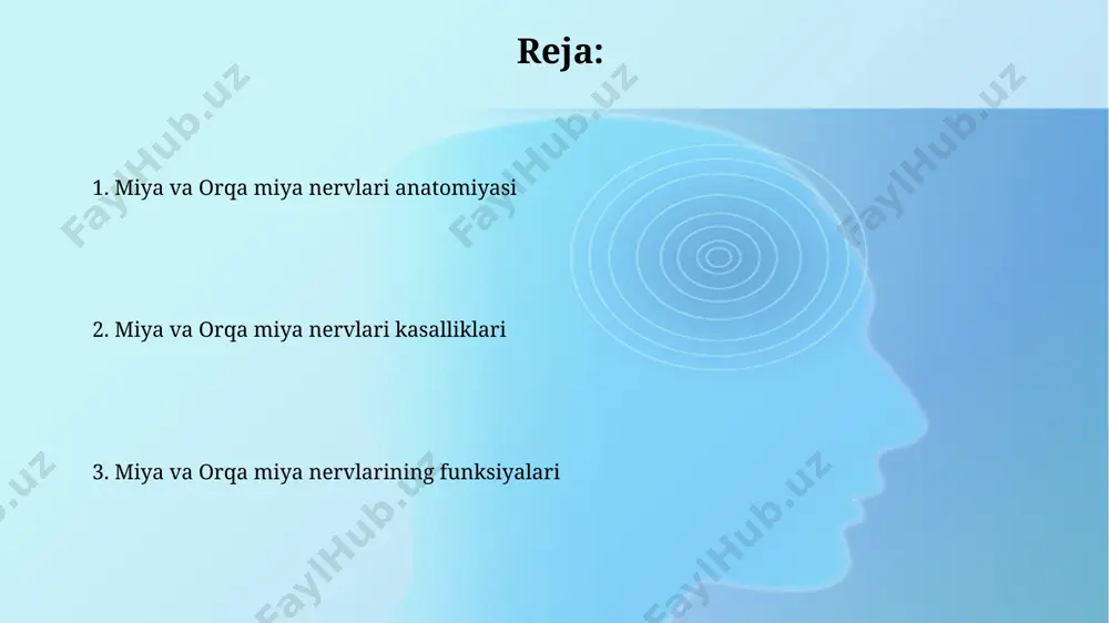 nishi ko'rishning buzilishiga olib keladi. bosh miya nervlarining vii jufti (yuz nervi) yuz ifodalari, ta'm bilish va tupurik bezlarining faoliyatini boshqaradi, bell falaji kabi kasalliklarga sabab bo'lishi mumkin. periferik nerv sistemasining tarkibi periferik nervlarning funktsional birliklari – nerv tolalari guruhlari bo'lib, ular o'zaro murakkab to'r hosil qilib, tananing har bir qismiga nerv impulslarini yetkazib beradi. periferik nerv sistemasiga 12 juft kranial nervlar va 31 juft spinal nervlar kiradi, ular miya va orqa miya bilan bog'langan va butun tanaga impulslarni uzatadi. nerv sistemasining kasalliklari multipl skleroz (ms) – bu markaziy nerv sistemasining demielinizatsion kasalligi bo'lib, taxminan 2,5 million kishini ta'sir qiladi va har xil darajadagi neyrologik alomatlarga olib keladi. nerv sistemasining shikastlanishi, masalan, o'murtqa miya shikastlanishi, taxminan 12000 dan ortiq odamni har yili ta'sir qiladi va og'ir nogironlikka olib kelishi mumkin. e'tiboringiz uchun rahmat @taqdimot_robot image2.jpg image3.jpg image4.jpg image5.jpg image6.jpg image7.jpg image8.jpg image1.png