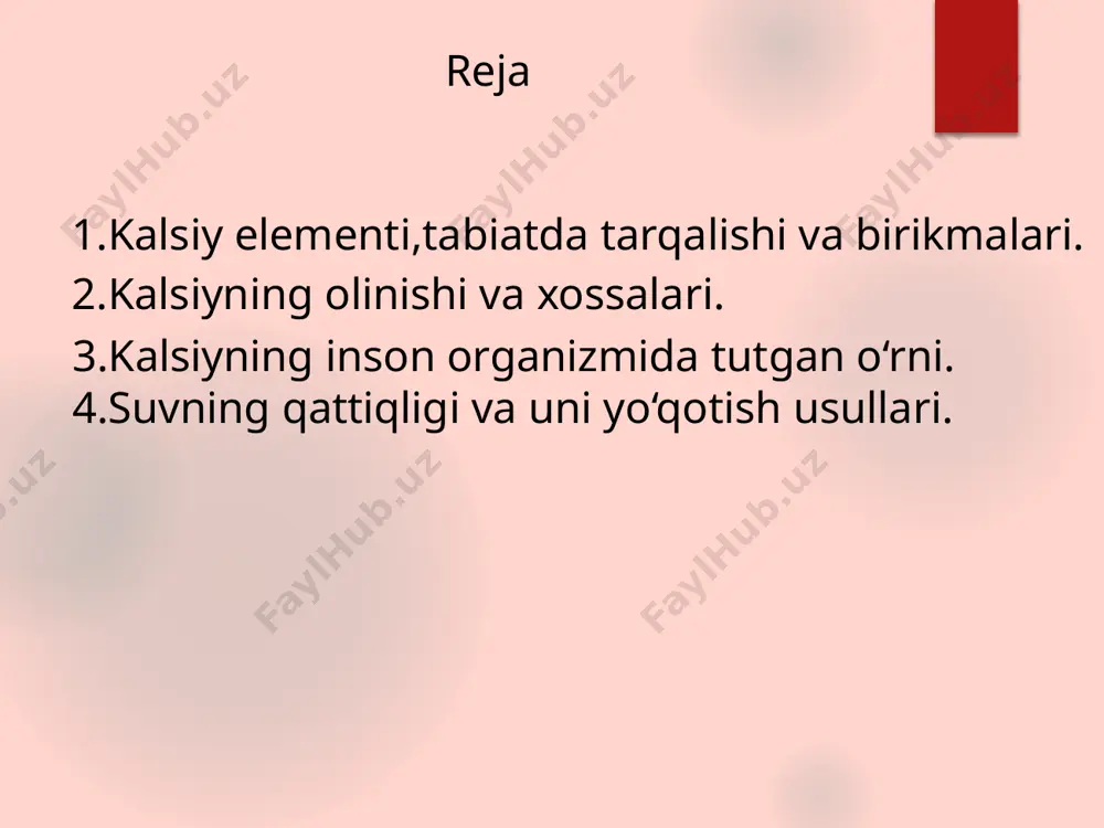 stall modda. zichligi 2,34 g/sm3. inson tanasining barcha a’zolari kalsiydan tashkil topgan, ya’ni butun inson sikileti, soch, tirnoq va qon (qonning 1 % i) kalsiydan tashkil topgan. kalsiy tanaga atrofdan keladigan ogohlantirishlarning asab tolalariga yetib borishini ta’minlaydi. bu juda muhim. chunki kalsiysiz ogohlantirishlar asab tolalariga yetib kelmaydi. bu esa – inson falaj bo‘lib, ichki a’zolari ishlamay qoladi va insonni o‘limga olib boradi, degani. kalsiyga boy maxsulotlar. suvning qattiqligi va uni yo‘qotish usullari. qattiq suv--tarkibida ca va mg ionlari ko‘p bo‘lgan suv. yumshoq suv--tarkibida ca va mg ionlari bo‘lmagan yoki juda kam bo‘lgan suv. 2+ 2+ 2+ 2+ suvda vaqtinchalik (karbonat),doimiy,kalsiy,magniy va umumiy qattiqlik farqlanadi. vaqtinchalik qattiqlik--suvda magniy va kalsiy gidrokarbonatlar (ca(ho3)2, mg(hco3)2) mavjudligi bilan bog‘liq. doimiy qattiqlik--suvda magniy va kalsiy sulfatlar va xloridlar (caso4, cacl2, mgso4, mgcl2) mavjudligi bilan bog‘liq. kalsiy qattiqligi-- suvda kalsiy tuzlari mavjudligi bilan bog‘liq. magniy qattiqligi--suvda magniy tuzlari mavjudligi bilan bog‘liq. umumiy qattiqlik--suvning kalsiy va magniy …