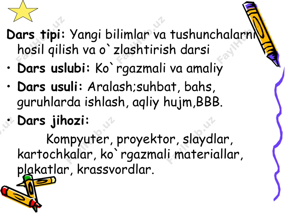 x g suv kerak 125 · 100 x = ———----- = 250 g. javob: 250 g suv kerak. 50 krassvord i k k i t r i t i y m u z s u y u q v o d o r o d 1. xona haroratidagi 660 g qandning to‘yingan eritmasi bug‘latilsa, idish tubida qancha qand qoladi? 2. kcl ning 10ºc dagi to‘yingan eritmasini qanday yo‘llar bilan to‘yinmagan eritmaga aylantirish mumkin? 3. natriy nitritning 10ºc dagi eruvchanligi 80,5 g ga teng. shu haroratda 500 g suvda qancha natriy nitrit erishi mumkin? krassvordni 1.vodorod molekulasi nechta atomdan iborat. 2.vodorod izotoplaridan biri 3.suv 00c da qanday holatga o`tadi 4.suvning agregat holati. 5.kelajak yonilg`isi. k i m y o test savollari 1.suv molekulasi massasini aniqlang? a)18 g/mol b)36 g/mol c)6.02*1023 d)22.4 litr 2.suv molekulasida kislorod atomlari va vodorod atomlari orasidagi burchak. a)109.30 b) 104.30 c) 109.90 d) 102.30 3.2 mol suvning …