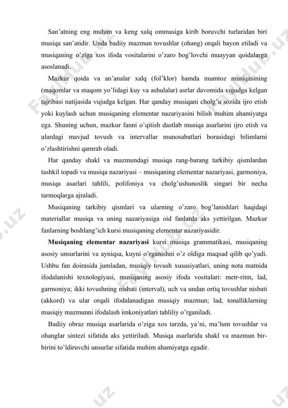iga xos tarzda, ya’ni, ma’lum tovushlar va ohanglar sintezi sifatida aks yettiriladi. musiqa asarlarida shakl va mazmun bir-birini to’ldiruvchi unsurlar sifatida muhim ahamiyatga egadir. musiqaning elementar nazariyasi kursida tovush so’zi ikki xil tushunchani bildiradi: birinchisi – fizik holatdagi tovush; ikkinchisi – sezgi holatidagi tovushdir. masalan, biror egiluvchan jism, cholg’u asbobi torining tebranishi natijasida havoda uzunasiga taralgan to’lqinli tebranishlar hosil bo’ladi. bu tebranishlar tovush to’lqinini hosil qiladi. xe "товуш тўлқини" ular tovush manbaidan turli tomonlarga aylanasimon tarqaladi. ushbu hodisaning umumiy zanjiri quyidagicha amalga oshadi: tovush to’lqini manbai – tovush to’lqinlari – eshitish organiga tovush to’lqinlarining ta’sir etishi – eshitish analizatorlari orqali qabul qilingan qo’zg’atuvchi ta’sirining bosh miyaga uzatilishi. fizik nuqtai nazardan, tebranishlar o’lchovi sifatida tebranadigan jismning bir sekunddagi tebranishlari soni gerts (gts) qabul qilingan. yangragan tovush to’lqinlari eshitish organi tomonidan qabul qilingach, unga ta’sir etadi va asab tuzilmasi (analizator) orqali bosh miyaga o’tib, tovush sezgisini qo’zg’atadi. ma’lumki, biz kundalik hayotda juda …