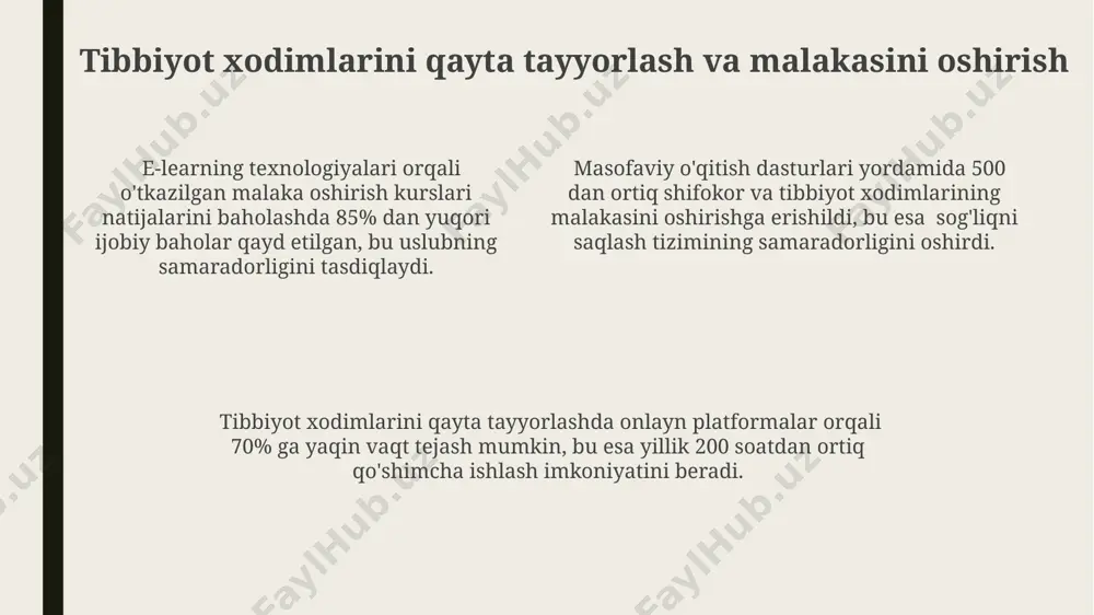 dati), o'qituvchilar bilan o'zaro aloqaning sifati va kursni tugatgan talabalar soni kabi ko'rsatkichlarni tahlil qilish kerak. masofaviy o'qitish samaradorligini baholashda o'quvchilarning test natijalaridagi 70% dan yuqori o'rtacha ko'rsatkichi va ularning amaliy ko'nikmalarini egallaganlik darajasini aks ettiruvchi kuzatuv natijalari muhim ahamiyat kasb etadi. masofaviy o'qitish samaradorligini ob'ektiv baholash uchun, 5 ball shkalasi bo'yicha so'rovnoma natijalari, o'quv materialining sifatini baholash va o'qitish jarayoniga oid fikr-mulohazalarning tahlili zarur. tibbiyotda masofaviy o'qitishning afzalliklari tibbiyotda masofaviy o'qitish shifokorlarga 24/7 kirish imkoniyatini beradi, bu esa klinik ishlarini yanada samarali bajarishga va malakalarini doimiy ravishda oshirishga yordam beradi. masofaviy o'qitish dasturlari turli xil interaktiv vositalar, jumladan, virtual simulyatsiyalar va 3d-modellardan foydalangan holda, 80% ga yaqin amaliy tajribani ta'minlaydi. masofaviy o'qitish geografiya chegaralarini yo'q qiladi, 1000 dan ortiq shifokorlarga bir vaqtning o'zida yuqori sifatli ta'lim olish imkoniyatini yaratadi. tibbiyotda masofaviy o'qitishning kelajagi tibbiyotda masofaviy o'qitishning kelajagi sun'iy intellekt texnologiyalari, masalan, virtual va qo'shilgan haqiqat yordamida interaktiv simulyatsiyalar va …