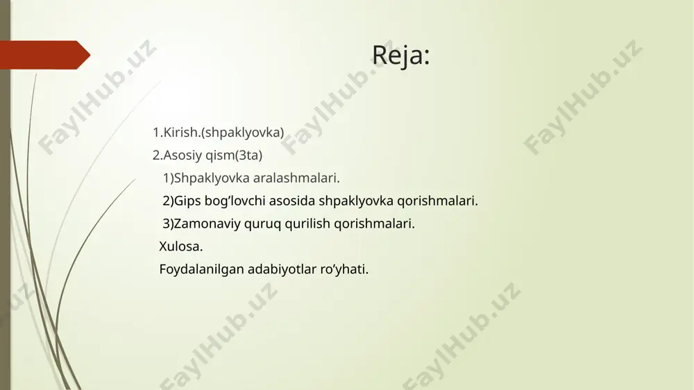 ) – 1 l, alif moyi (oksol ) – 50 g, xujalik sovuni – 20 g, bo‘r – kerakli quyuqlikka kelguncha. moyli shpaklyovka – oksol alif moyi – 1 kg, erituvchi – 100 g, sikkatav – 100 g, xayvonit yelimi ( 10% li eritmasi ) – 0.2 g, xo‘jalik sovuni – 20 g, maydalab elangan bo‘r kerakli quyuqlikka kelguncha solinadi. bunday shpaklyovka tayyorlash uchun alif moyi erituvchi va sikkativ bilan aralashtiriladi. bu aralashmaga alohida tayyorlangan sovun-yelimli eritmani tez aralashtirgan holda quyiladi, so‘ng bo‘rni ezib qo‘shib qorishtirib kerakli quyuqlikdagi shpaklyovka hosil qilinadi. shpaklyovkani birinchi qavati 1-1.5 mm da yogoch shpatel yordamida surtiladi.shpatelni yuzaga nisbatan 10-15 gradus burchakda ushlanadi va bir paytda ikkinchi qo‘l bilan ustidan bosib yurgiziladi. avval shpatel gorizontaliga yurgizilsa, ikkinchi martada unga perpendikulyar holda harakatlantiriladi. shpaklyovkaning birinchi qatlam qurigach silliqlanadi va yelimli bo‘yoq surtiladigan bo‘lsa kuporosli grunt tarkibi (bo‘rsiz) bilan ishlov beriladi. agar moyli bo‘yoq surtiladigan bo‘lsa shpaklyovkadan so‘ng …