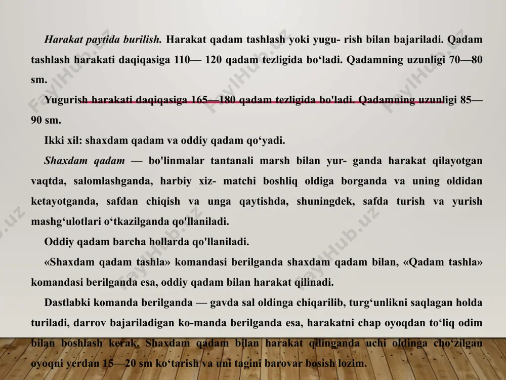 yurib harakat qihsh boslilanadi. turgan joyda yurish «joyingda qadam tashla» komandasiga binoan amalga oshiriladi. 136-rasm. a—shaxdam qadam tashlash; b—shaxdam qadam tashlashning to‘g‘ridan ko‘rinishi; d—joyida qadam tashlash 137-rasm. bosh kiyim yechilgan holatda: a — furajkada; b — beretkada; d — telpakda. yurishdan yugurishga o‘tish uchun dastlabki komanda bo‘yi- cha qo‘llar yarim bukiladi, tir- saklar biroz orqaga olinadi. dar- rov bajariladigan komanda chap oyoq yerga qo'yilishi bilan beriladi. ushbu komandaga ko‘- ra, o‘ng oyoq oldinga qo‘yilib, chap oyoqda yugurib harakat qilish boslilanadi. yugurishdan yurishga o‘tish uchun «qadam tashla» komandasi beriladi. 0‘ng oyoq yerga qo‘yilishi bilan bir vaqtda darrov bajariladigan ko­manda beriladi. komanda be- rilgach, yugurganicha yana ikki qadam taslilanadi va chap oyoq- dan yurib harakat qihsh boslilanadi. turgan joyda yurish «joyingda qadam tashla» komandasiga binoan amalga oshiriladi. ushbu komanda berilganda oyoqlar yerdan 15—20 sm ko‘tariladi va tovonni uclii yerga tekis qaytib tushiriladi, qo‘llar qadamga mos harakatlantiriladi. chap oyoq yerga qo‘yilislii bilan «to‘g‘riga» …