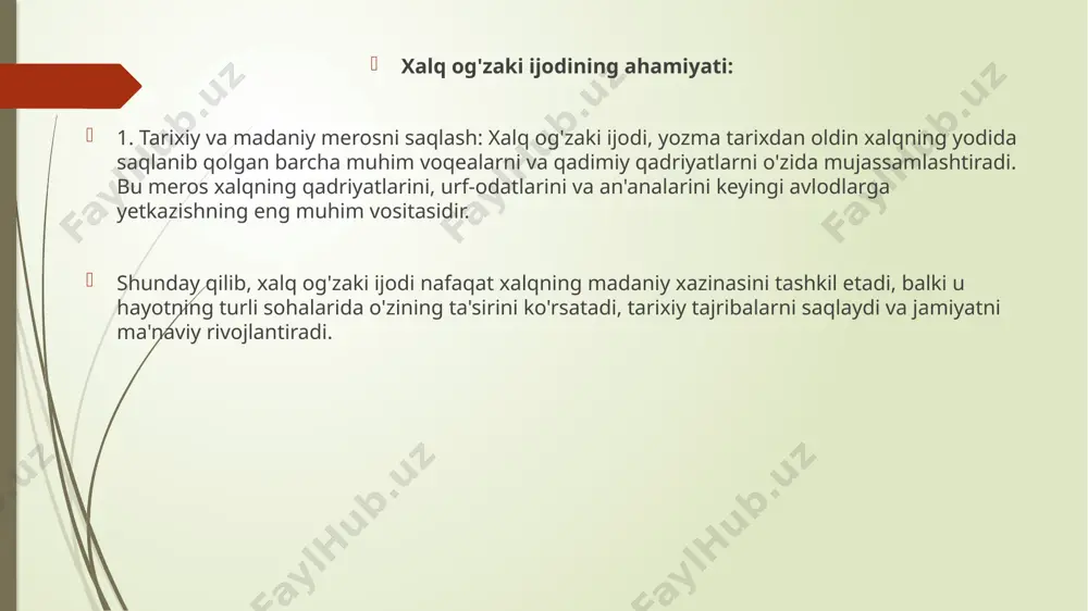 iqlarda tabiat obrazlari orqali maʼnaviy gʻoyalar ifodalanadi. xulosa qilib aytganda, xalq ogʻzaki ijodi milliy maʼnaviyatning o‘ziga xos timsoli boʻlib, u nafaqat qadriyatlarni saqlaydi, balki yangi avlodga ulashadi. e`tiboringiz uchun rahmat image1.jpeg image2.jpeg image3.jpeg image4.jpeg /docprops/thumbnail.jpeg
