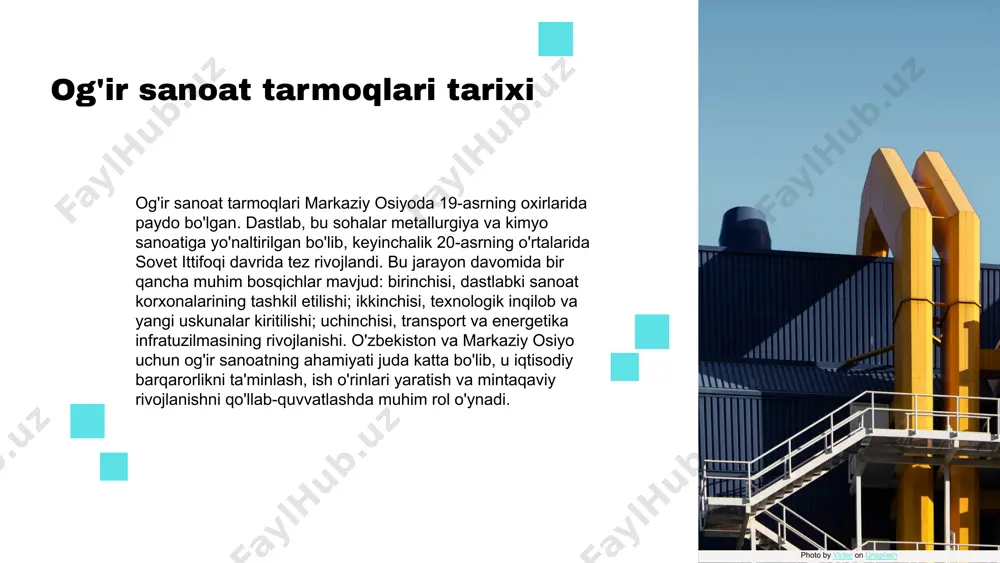 rni qo'llash orqali amalga oshishi mumkin. bu omillar raqobatbardoshlikni oshirib, ichki va tashqi bozorlarda muvaffaqiyatli rivojlanishga yordam beradi. biroq, ichki bozor cheklovlari, resurslarning tashqi bozorlarga bog'liqligi va infratuzilmaning yetarli darajada rivojlanmaganligi kabi muammolar sanoatning rivojlanishiga salbiy ta'sir ko'rsatishi mumkin. bu omillar kelajakdagi o'sish istiqbollarini cheklashi mumkin. yangi texnologiyalar va raqamli transformatsiya imkoniyatlari, shuningdek, ekologik toza ishlab chiqarish usullari kelajakda og'ir sanoatni rivojlantirishda muhim ahamiyatga ega. ichki bozorni kengaytirish va yangi mahsulotlarni ishlab chiqarish orqali eksport imkoniyatlari oshishi kutilmoqda. biroq, global raqobat, ichki va tashqi iqtisodiy sharoitlarning o'zgarishi va notinchliklar sanoatning barqaror rivojlanishiga tahdid solishi mumkin. bu omillar sanoat o'sishini sekinlashtirishi yoki to'xtatishi mumkin. kuchli resurslar ichki bozor cheklovlari yangi texnologiyalar global raqobat s w o t hozirgi og'ir sanoatning iqtisodiy roli og'ir sanoat, mamlakat iqtisodiyotining muhim tarmog'i bo'lib, ishlab chiqarish jarayonlarining asosiy poydevorini tashkil etadi. u iqtisodiy o'sishga, ish o'rinlari yaratishga va eksport imkoniyatlarini kengaytirishga hissa qo'shadi. og'ir sanoatning mahsulotlari …