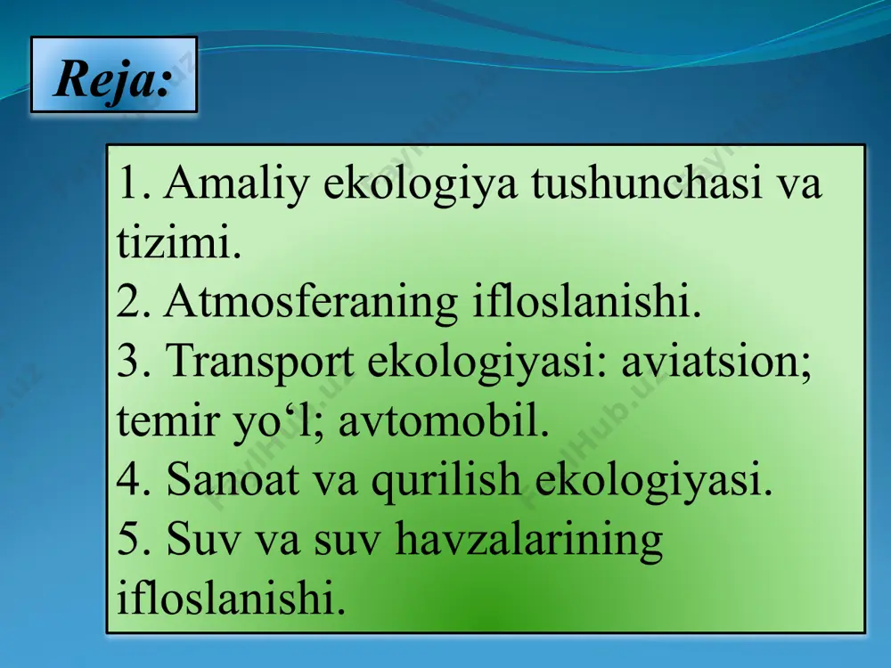 an bo’ladi. bu holat yuzaki yaxshi bo’lgan kabi tuyulsa-da, aslida davodan umuman naf bo’lmasligi mumkin, chunki aholi salomatligiga ta’sir qiluvchi sabab aniqlanmasdan qolaveradi. hozirgi vaqtda zararli omillarni kasallik kelib chiqishiga va o’limga to’g’ridan-to’g’ri sababchi degan to’liq ma’lumotlar yo’q, lekin bemorlar kasallik tarixini diqqat bilan o’rganib chiqilsa bu omillarning 10 % idan ortig’i bemorlarni trapevtik statsionarga yotishiga sbabchi bo’lishini aniqlash mumkin. nafas olish va tayanch-harakat organlari zararlanishi miqdori esa bu ko’rsatkichdan ham ko’p. aqshda har yili yangi kasb kasalliklari bilan 125 mingdan 350 minggacha bemorlar ro’yhatga olinadi. atmosferaning ifloslanishi -atmosfera tarkibi va xossalarining inson salomatligi, hayvonlar, o‘simliklar va ekosistemalarga salbiy ta'sir ko‘rsatadigan o‘zgarishi. atmosfera tabiiy va sun'iy yo‘llar bilan ifloslanadi. vulqonlar otilishi, chang to‘zonlar, o‘rmon, dashtlardagi yong‘inlar, o‘simlik changlari, mikroorganizmlar, kosmik chang va boshqalar tabiiy ifloslanish manbalaridir. sun'iy ifloslanish manbalariga energetika, sanoat korxonalari, transport, maishiy chiqindilar kiradi. hozirgi vaqtda atmosfera ifloslanishining 75% i tabiiy manbalarga va 25%i antropogen manbalarga to‘g‘ri keladi …