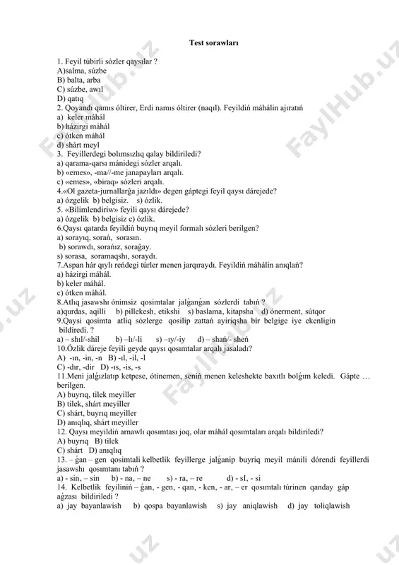 k ii bet -ıń//-iń, -ń ii bet -ıń//-iń, -ń (lar), -ıńız, -ińiz, -ńız//-ńiz iii bet –sın//-sin iii bet –sın//-sin tilek meyil. is-hárekettiń isleniwine sóylewshiniń tilek-niyetlerin, intasın, árman etiwin, ótinish, soranıw hám t.b. qatnasların bildiredi. tilek meyil mánisindegi feyiller ele islenbegen, biraq isleniwi tiyis bolǵan is-háreketti ańlatadı. tilek meyildiń morfologiyalıq kórsetkishleri -ayın//-eyin, -ǵay//-gey, -qay//-key affiksleri bolıp esaplanadı. mısalı, alayın, kómekleseyin, barǵay, kelgey, barǵayman, ótkeymen. shárt meyil. shárt meyil forması ekinshi bir tiykarǵı is-hárekettiń isleniw ya islenbew shártin bildiredi. shárt meyil qatnasqan gápte, kóbinese eki is-háreket boladı. ol tiykarınan -sa//-se qosımtası arqalı bildiriledı paxtanı erte ekseń, utasań. shárt meyil tómendegishe betlenedi. birlik kóplik i bet oqısam i bet oqısaq ii bet oqısań, oqısańız ii bet oqısańlar, oqısańızlar iii bet oqısa iii bet oqısa bolımsız forması birlik kóplik i bet kelmesem i bet kelmesek ii bet kelmeseń, kelmeseńiz ii bet kelmeseńler, kelmeseńizler iii bet kelmese iii bet kelmese maqset meyili. i̇slewshiniń is-háreketiniń isleniw …