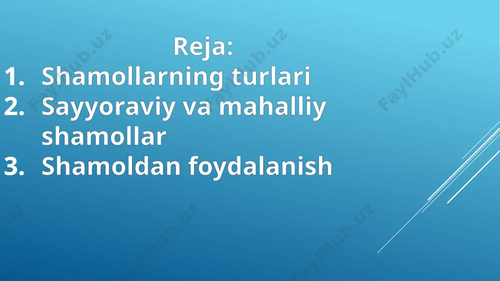 arga bo’linadi. sayyoraviy omillar ta’sirida hosil bo‘lgan shamollar sayyoraviy shamollar deyiladi. bularga passat, musson, ekvatorial musson, g‘arbiy, shimoli-sharqiy va janubi-sharqiy shamollar kiradi. mahalliy sharoit ta’sirida vujudga kelgan shamollar mahalliy shamollar deyiladi. bularga briz, tog‘-vodiy shamollari, afg‘on, bekobod, fyon, sirokko, samum, chinuk, nu va boshqa shamollar misol bo‘ladi. passatlar - subtropik antisiklonlarning ekvator tomonidagi qismlaridan esuvchi shamollar. passat shamollari mintaqasi uzluksiz emas: bu shamollar shimoliy amerikaning janubiy qismi va shimoliy avstraliya ustida esmaydi. passatlar keyingi vaqtlargacha o‘ylanganidek, doimiy emas. passatlaming vaqt-vaqti bilan uziiib qolishiga subtropik antisiklonlarining zaiflanishi sabab bo’ladi. passatlar okeanlar ustida aniqroq ifodalangan, materiklar ustida hamma yerda va hamma vaqt ham birdek esavermaydi. musson atamasi arabcha mausum, ya’ni mavsum so‘zidan kelib chiqqan. bu so‘z ko'p asrlar davomida arab dengizchilari tomonidan arabiston dengizi oqrali arabiston va hindiston oralig‘ida shamollar yo‘nalishining mavsumiy o‘zgarishini tavsiflash uchun qo‘llanilib kelinadi. meteorologik muddat sifatida musson bir mavsumdan boshqasiga shamollar yo‘nalishining o‘zgarishi hisoblanadi. odatda, mussonlar yozda nam …