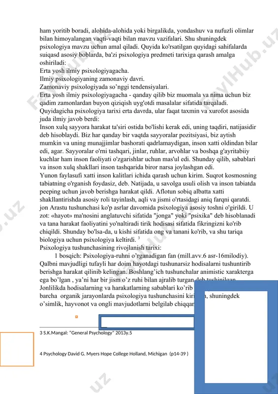 n, noyob ma’lumotlarga egadir. ular to‘planib, psixologiya fanining maxsus sohalarida, deylik, yosh yoki muhandзislik psixologiyasida o‘rganiladi. ularga biror bir shaxsning alohida o‘zi egalik qilolmaydi. insonning xarakterini o’rganuvchi psixologiya fanini fizika, kimyo, botanika, zoologiya, astronomiya va matematika kabi boshqa positive fanlar bilan bir qatorga qo’ya olishimiz mumkinmi ? javob salbiy. bu fanlarni bir biriga taqqoslasak, psixologiya unchalik ham rivojlangan fan emasligini bilamiz. shunisi aniqki, bu organizim hususiyatlarini o’rganuvchi xarakterik fandir. bu o’zgaruvchi va aniq bashorat qilib bo’lmaydigan xarakterdir. bu fanni o’rganuvchi metodlar ham tabiy fanlardagidek aniq va obyektiv emas. boshqa tomondan, fizik va kimyoviy reaksiyalarni o’rganuvchi tabiy fanlarda o’rganish jarayoni va tabiy moddalar tuzulishidan kelib chiqib aniq ma’lumotlar aytish mumkin. natijada shuni aytishimiz mumkinki, psixologik xarakterlar faniga qaraganda tabiy fanlar yanayam aniqrod va obyektivdir. shunday qilib, psixologiyani fizik va tabiy fanlar bilan bir qatorga qo’yish unchalik to’g’ri ish emas. psixologiya texnikalari va obyektiv va imkoni boricha aniq bo’lishga intilishi juda kuchliligiga …