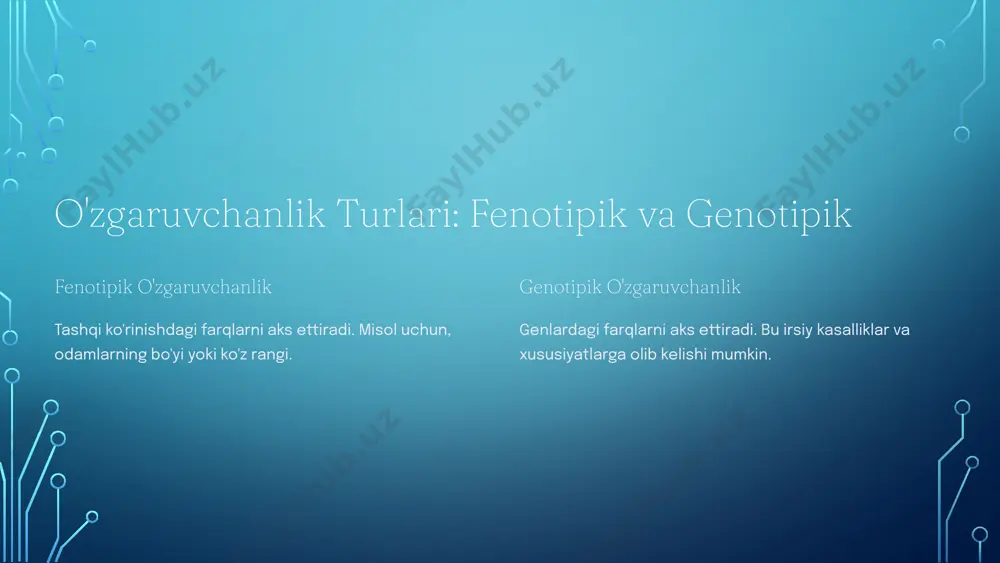 yaxlit bo‘ladi. barcha odamlarda (agar ular albinos bo‘lmasa) ultrabinafsha nurlar ta’sirida melanin pigmenti to‘planishi tufayli terisi qoramtir tusga o‘tadi. shunday qilib, tashqi muhitning ma’lum ta’sirida organizmlarning har bir turi o‘ziga xos o‘zgarishlarga duch keladi va bunday o‘zgarishlar shu tur vakillarining barchasi uchun bir xilda bo‘ladi. shu bilan birga, tashqi muhit sharoitlari ta’sirida belgilarning o‘zgarishlari chegarasiz emas. belgilarning xilma­xillik darajasi yoki o‘zgaruvchanlik chegaralari reaksiya normasi deb ataladi. reaksiya normasining kengligi genotip bilan aniqlanadi va organizm hayot faoliyatidagi belgilarining ahamiyatiga bog‘liq. reaksiya normasining torligi bosh miya yoki yurak kattaligi kabi muhim belgilarga xosdir. shuningdek, organizmdagi yog‘ miqdori juda keng doirada o‘zgaruvchan bo‘ladi (sut tarkibidagi yog‘ miqdori qoramol zotiga, genotipiga bog‘liq). hasharotlar yordamida changlanadigan o‘simliklar guli kamdan­kam hollarda o‘zgaradi, lekin barglarining kattaligi juda o‘zgaruvchan bo‘ladi. inson uchun foydali bo‘lgan o‘simliklar, hayvonlar, mikroorganizmlarni olish uchun modifikatsion o‘zgaruvchanlikning reaksiya normasini bilish seleksiya amaliyotida katta ahamiyatga ega. ayniqsa, qishloq xo‘jaligida yangi sermahsul zot va navlarni yaratishdan …