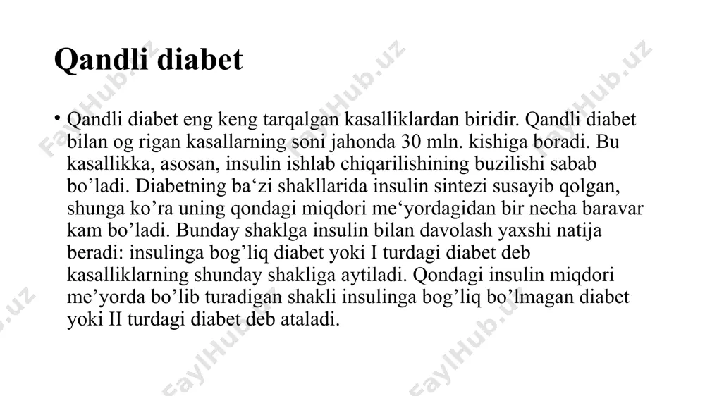 viy o‘zgarishlar kozdan kechirib chiqiladi. bularni ovqatlanish maromining odatdan tashqari, favqulodda buzilishi deb hisoblash mumkin. falokatlar va tabiiy ofatlar vaqtida yuz beradigan holatlarni hisobga olmaganda to‘liq ochlik aksari hazm yolining kasalliklari va ovqat iste‘mol qila olmaslik bilan, shuningdek, bemorning ovqatdan bosh tortishiga sabab bo‘ladigan ruhiy kasalliklarga bog‘liq bo‘ladi. bundan tashqari ba’zi kasalliklarni odamni to‘la och qoldirish yoli bilan davolanadi. kalsiy va fosfatlar almashinuvining boshqarilishi organizmda kalsiy quyidagi vazifalarni bajaradi: 1 kalsiy tuzlari suyaklarning mineral qismini tashkil etadi. 2 kalsiy ionlari fermentlarning kofaktorlaridir. 3 kalsiy ionlari kalmodulin bilan birikib samf singari ta’sir etadi. kalsiy almashinuvi fosfat almashinuvi bilan chambarchas bog‘liqdir. kalsiy almashinuvining idora etilishida paratgormon, d3 vitamini unumlari va kalsitonin ishtirok etadi. organizmda 1,5 kg atrofida kalsiy mavjud bo‘lib, uning ikki fondi mavjud: 1 suyaklardagi kalsiy. 2 suyuqliklardagi yoki to‘qima oqsillari bilan birikkan kalsiy. paratgormon paratgormon qalqonsimon bezning orqa yuzasida joylashgan paratireoid bezlarda hosil bo‘luvchi peptidli (84 aminokislota qoldig‘i) gormondir. kalsiy …