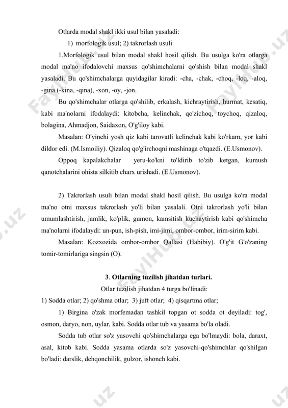 og'-tosh kabi. 4) abbreviasiya usuli bilan yasalgan otlar tuzilishiga ko'ra qisqartma ot deyiladi: btm (birlashgan millatlar tashkiloti), samdu (samarqand davlat universiteti) kabi. adabiyotlar ro'yxati 1. i.a.karimov. barkamol avlod-o'zbekiston taraqqiyotining poydevori. toshkent, 1997 yil 2. u.tursunov, n.muxtorov, sh.rahmatullayev. «hozirgi o'zbek adabiy tili» 1992 yil 3. a.abduazizov. «o'zbek tili fonologiyasi va morfologiyasi» toshkent, 1992 yil 4. s.rahimov, b.umurqulov, «hozirgi o'zbek-adabiy tili» toshkent, 2001 y 5. s.rahimov, b.umurqulov, «hozirgi o'zbek adabiy tili» toshkent, 2003 y 6. sh. shoabdurahmonov, m.asqarova, a.hojiyev. «hozirgi o'zbek adabiy tili» ii qism. toshkent, «o'qituvchi» nashriyoti, 1980 yil 7. a.g'ulomov, a.n. tixonov, r. kungurov. «o'zbek tilimorfem lug'ati» toshkent, 1977 yil 8. www.ziyonet.uz