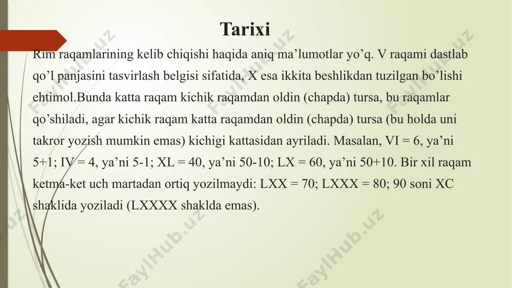 vni topadi (buning uchun romanhelper protsedurasi chaqiriladi). o'nli raqamlar uchun rim yozuvlari birlashtiriladi va natijada olingan protsedura qaytariladi. teskari konversiya teskari tartibda bo'ladi. rim raqamini ifodalovchi satr avval o'nlik raqamlarga bo'linishi kerak va keyin biz bu raqamlarga mos keladigan o'nlik sonlarni topamiz.endi raqamlarga ajratish vazifasi yanada qiyin bo'ladi. rim notasini raqamlar soniga raqamlar guruhiga bo'lish uchun oddiy iboralarni ishlatish yaxshi echim bo'ladi. har bir guruh uchun siz shablonni yaratishingiz va uni qiziqarli qavslarga o'rashingiz kerak. minglab, yuzlab, o'nlab va birliklarning namunalari butun rim notasi bilan mos kelishi kerak bo'lgan oddiy iborani beradi..birliklarni bo'shatish uchun shablon yaratishni boshlaylik. aqlga kelgan birinchi echim barcha alternativalarni sanab o'tishdir: rim yozuvidagi birliklar guruhi ham bo'sh bo'lishi mumkin. agar siz hisoblagichlardan foydalansangiz, ushbu echim biroz soddalashtirilishi mumkin. 0 dan 3 gacha bo'lgan raqamlar uchun v | vi | vii | viii o'rniga i | ii | iii o'rniga i (0.3) yozishingiz mumkin, 5 dan 8 …