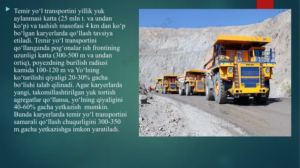 qo‘llash samarali bo‘lishi ta’minlangan. hozirgi vaqtda avtomobil transporti temir va rangli metall karyerlarida keng qo‘llaniladi. avtomobil transporti qo‘llaniladigan karyerlarda kontakt liniyalari, temir yo‘llar bo‘lmasligi va yo‘llarning qiyaligi katta (80-100%), burilish radiusi kichikligi (15-25m) tufayli kon-kapital ishlar hajmi nisbatan kam, karyerni qurish muddati qisqa xamda arzon bo‘lishi ta’minlanadi. konveyer transporti (lentali konveyerlar) yumshoq va yaxshi maydalanadigan (bo‘laklar o‘lchami 400mm gacha bo‘lgan) kon jinslarini tashishda qo‘llanadi. karyerlarda ishlaydigan qazish uskunalari unumdorligining diopazoni keng (15000 m3/soatgacha) bo‘lishi konveyerlardan har qanday yillik yuk aylanmalarida ham foydalanish imkonini beradi. yuk tashish jarayonining uzluksizligi va 180gacha qiyalikda amalga oshirilishi konveyer transportining asosiy afzalligidir. yillik yuk aylanmasi 20-30 mln.t., chuqurligi 150 m dan ko‘p va tashish masofasi 10-20 km bo‘lgan karyerlarda konveyer transportini qo‘llash yuqori samaradorlikni ta’minlaydi. agar konveyer transporti avtomobil va temir yo‘l transporti bilan birgalikda (aralash) qo‘llanilsa, uning samaradorligi yanada yuqori bo‘ladi. hozirgi vaqtda qoyasimon, bo‘laklarining o‘lchami 1000 mm.gacha bo‘lgan kon jinslarini tashishga mo‘ljallangan maxsus …