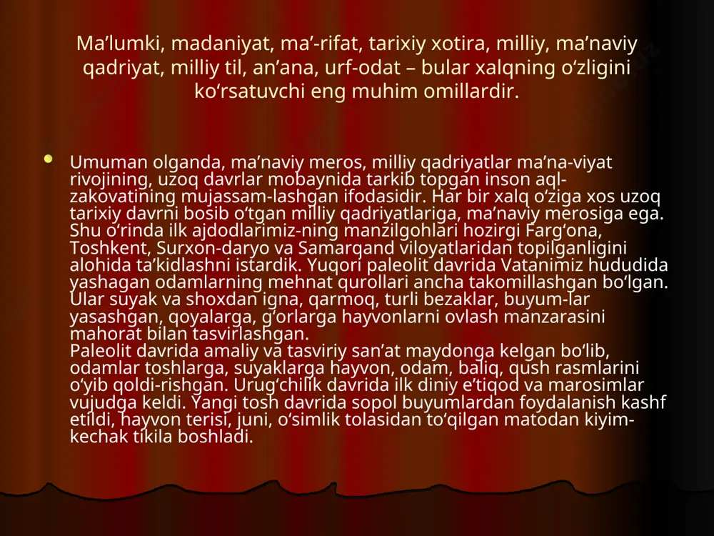 q o‘yinlari “dorboz” – “rope-walker” “kurash” - “wrestling” milliy xalq amaliy san’ati qanday an’ana urf-odatlarmiz shuni bir ko’rib chiqamiz: an’analar urf-odatlar milliy an’analr, urf-odatlarni maktabda qo’llash 1.beshik to’yi 2.sunnat to’yi 3.muchal to’yi 4.nikoh to’yi 5.payg’ambar to’yi 6.navro’z 7.xosil bayrami 8.gul bayrami 9.xayitlar 10.milliy o’yinlar va x/k. suyunchi olish. beshik belash. oqlik kiygazish, kelin salom, yor-yor, laparlar aytish. uloq, dorboz, kurash, sust xotin, sumalak, halim tayyorlash va hok. 1.qaryalarda xabar olish. 2.maxalla obodonlashtirish. 3.namunali oila bilan uchrashuv. 4.otalar maslahati. 5.maxalla tarixini bilasizmi? 6.navro’z. 7.namunali qizlar. 8.mushoira. 9.muchal to’yi. 10.maxalla polvoni. o‘zbek san’ati milliy liboslar national clothes milliy va zamonaviy liboslar national and modern clothes
