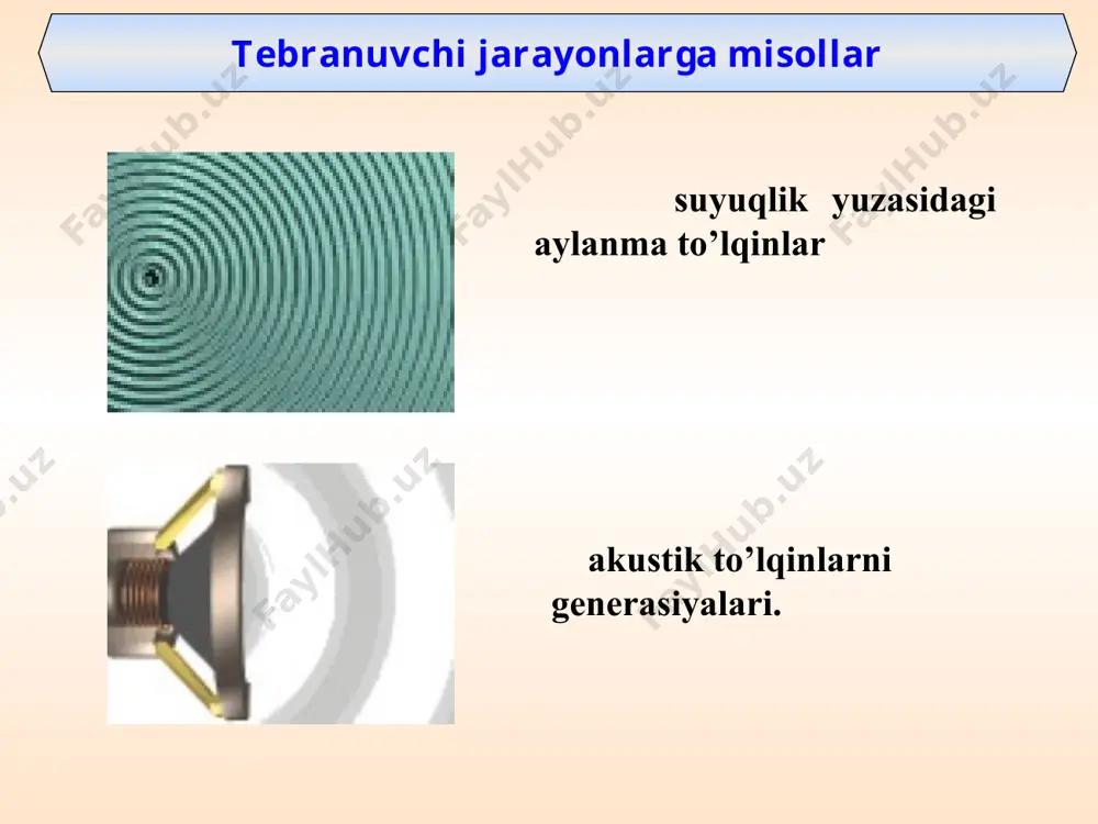 * – amplitudaviy tezlik; – amplitudaviy tezlanish. siljish (ko’chish) quyidagi tenglama orqali ifodalanadi shunday qilib: tezlik tezlanish * 3. ko’chish, tezlik va tezlanish grafiklari tebranishlar tenglamasi quyidagi ko’rinishda yoziladi: * * tebranma harakat qilayotgan jism muvozanat holatidan o’tayotganda tezligi maksimal bo’ladi (x=0). ko’chish maksimal bo’lganda ( ) tezlik nolga teng. * х ko’chish va υx tezlik orasidagi φ fazalar farqini topamiz. tezlik ko’chishni π/2 ga quvib o’tadi. tezlanish esa tezlikni faza bo’yicha π/2 ga quvib o’tadi: shunday qilib tezlanish faza bo’yicha kochishni π ga quvib o’tadi, yoki ya’ni kochish va tezlanish qarama-qarshi fazada bo’ladi * 4. garmonik tebranishlar dinamikasi asosiy tenglamalari nyutonning ikkinchi qonuniga asosan, , quyidagini olishimiz mumkin f kuch х proporsional va hamisha muvozanat vaziyatiga qarab yo’nalgan * yoki; , shunda garmonik tebranishlar dinamikasining asosiy tenglamasi * tebranishlar aylanma chastota ammo shunday qilib tebranish davri * 5. garmonik tebranishlar energiyasi jismning potensial energiya u, * , buyerdan kinetik …