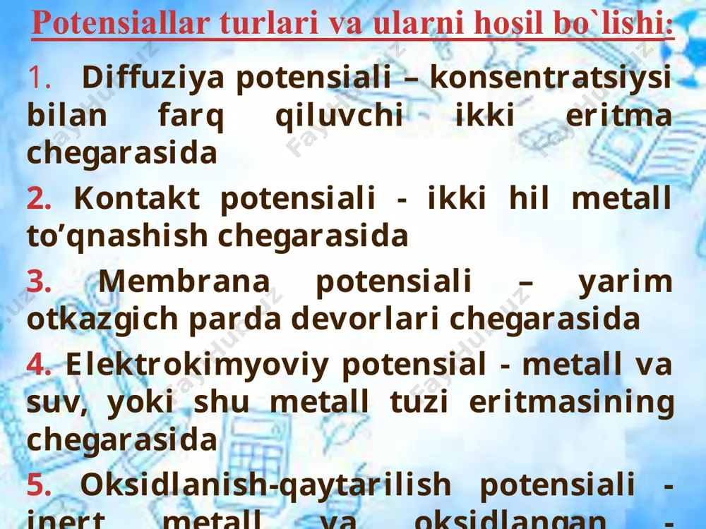 m-gematin, sistin-sistein, vodorod peroksid, glutation sistemasi, qahrabo va fumar kislotalar va boshqalar. sistemaning redoks potensiali shu sistemani boshqa sistemaga elektron berishi yoki qabul qilishi hossasini baholovchi kattalikdir. biologik oksidlanish jarayoni oksidlanish-qaytarilish reaksiyalaridan tuzilgan zanjirdir. bu jarayon oksidlanayotgan substratdan kislorodga elektron va proton tashuvchi ma`lum fermentlar bilan boshqariladi. bu zanjirning har bir bosqichiga aniq redoks potensialga ega bo`lgan redoks sistema to`g`ri keladi. oksidlanish-qaytarilish potensiallarining biologik axamiyati (davomi) masalan: oksidlanayotgan substrat (-0,42 v) degidroginaza (-0,32 v) flavin fermenti (-0,06 v) sitohromalar (+ 0,04 v dan +0,55 vgacha) ½ о2 (+ 0,82 v) zanjirida potensiali kichik bo`lgan modda (flavin fermenti) potensiali yuqori bo`lgan moddalarni (sitihromalarni) qaytarishi, potensiali kichikroq bo`lgan moddalarni (degidroginazani) oksidlashi mumkin. teskarisi esa oksidlanish-qaytarilish nazariyasiga to`g`ri kelmaydi. potensimetrik titrlash potensiometrik titrlashda ishchi eritmani quygan sari aniqlanayotgan eritmaning elektr yurituvchi kuchi yoki eritmaning ph qiymati o`lchanib boriladi. masalan kislotani ishqor bilan titrlashda vodorod ionlarining konsentratsiyasi kamayib borishi bilan sistemaning elektr yurituvchi kuchi …