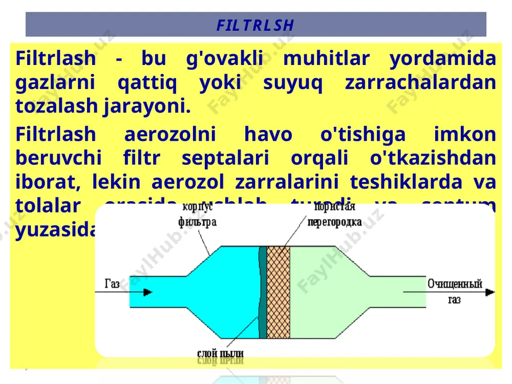 to'qilmagan mato tola filtrlar igna bilan teshilgan tolalar 1 sm2 ga 600-700 igna teshigi tola filtrlar donador filtrlari gazlarni tozalash donador (granüler) filtrlar yordamida amalga oshirilishi mumkin, bunda gaz tutilishi kerak bo'lgan zarrachalarning o'lchamidan ancha kattaroq hajmga ega bo'lgan bir yoki bir nechta granulalar qatlamidan o'tkaziladi. granül filtrlar vaqti-vaqti bilan to'plangan zarrachalardan tozalanadi (regeneratsiyaga bog'liq). gazni tozalash uchun ular yuqori (400 ° s gacha) haroratlarda ishlashga qodir va maxsus po'latlardan foydalanilgan hollarda ular yuqori (700 ° s gacha) haroratlarda ishlashlari mumkin. shuning uchun ular ko'pincha yuqori haroratli gazlarni tozalash uchun ishlatiladi. ular yuqori haroratli gazlarni tozalashda keng qo'llanilgan, ular yopishqoq abraziv va yuqori qarshilikli changlarni ushlab turadi. ular sumka va elektrostatik cho'ktirgichlardan foydalanish amaliy bo'lmagan hollarda qo'llaniladi. * donador filtlar gazni changdan tozalash uni 100-150 mm balandlikdagi granulalarning asosiy qatlamidan o'tkazish yo'li bilan amalga oshiriladi. filtr qatlamini qayta tiklash mexanik qo'zg'atish bilan orqaga puflash bilan birgalikda amalga oshiriladi. qayta yuvish …
