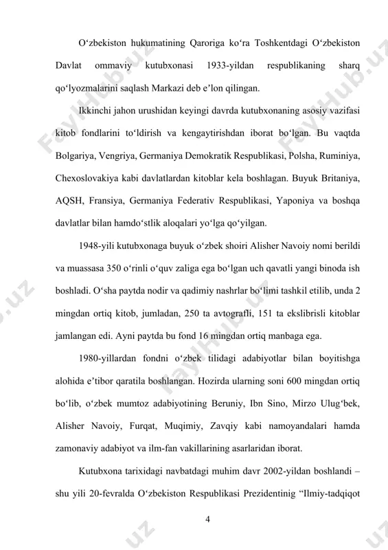 martda qabul qilingan “alisher navoiy nomidagi oʻzbekiston milliy kutubxonasi – axborot-resurs markazi faoliyatini tashkil etish chora-tadbirlari toʻgʻrisida”gi qaroriga muvofiq kutubxona tuzilmasi yangilandi, uning boʻlimlari va xizmat koʻrsatish ishi takomillashtirildi, vazifalar koʻlami kengaytirildi. vazirlar mahkamasining 2012-yil 9-avgustdagi “nodir, alohida qimmatli va noyob nashrlar saqlanishini taʼminlash, ularning fondini tizimli koʻpaytirish va boyitish chora-tadbirlari toʻgʻrisida”gi qarori ijrosi doirasida axbrot-kutubxona muassasalari, muzeylar fondlarida saqlanib kelinayotgan qadimgi qoʻlyozma va noyob kitoblarni elektron formatga oʻtkazish, milliy kutubxonada mavjud boʻlgan nodir kitoblar fondining elektron katalogi bilan qiyoslab, yoʻq kitoblarni aniqlash hamda milliy yigʻma elektron katalogi asosida mazkur nashrlarning toʻliq matnli elektron maʼlumotlar bazasini yaratish ishlari olib borilmoqda. oʻzbekiston milliy kutubxonasida foydalanuvchilarga jahon andozalari darajasida xizmat koʻrsatish uchun keng imkoniyatlar yaratilgan. jumladan, 800 oʻrinli 13 ta oʻquv zaliga axborot-kutubxona faoliyatini yuqori darajada olib borishga moʻljallangan zamonaviy asbob-uskunalar va texnik vositalar oʻrnatilgan, wi-fi tizimi yoʻlga qoʻyilgan. bunday sharoitlar kitobxonlar tashrifi yildan-yilga oshib borishiga imkon bermoqda. “oʻzbekiston”, “adolat”, “istiqbol”, “jahon”, …