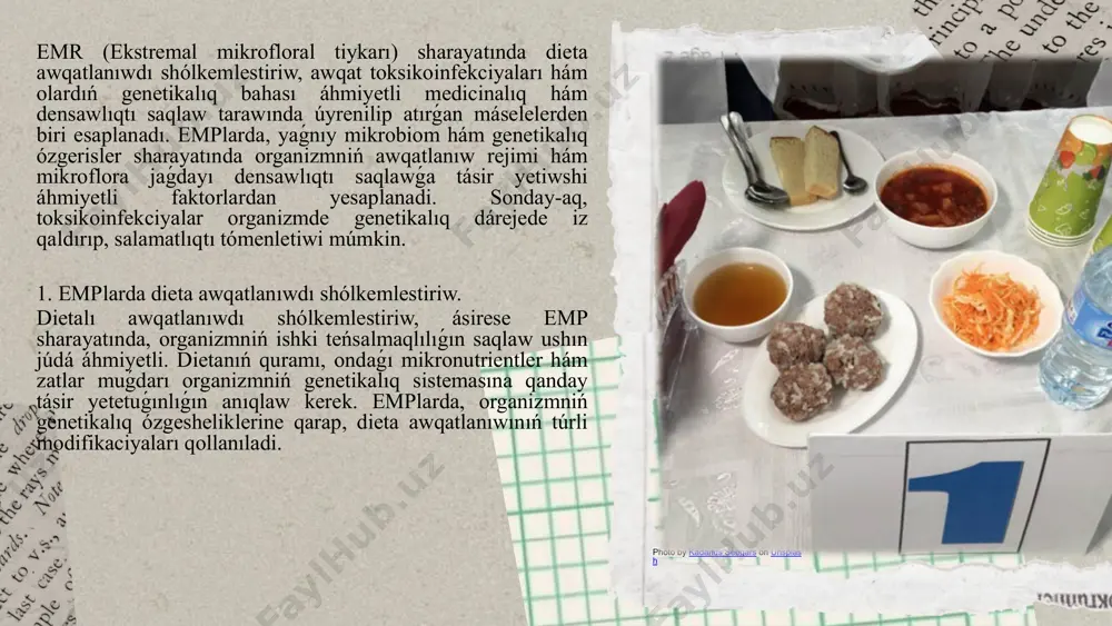 anizmniń immun sistemasın bekkemlew hám toksik ziyanlardan qorgaw múmkin. genetikalıq analizler járdeminde awqatlanıwdıń individual ózgesheliklerin anıqlaw hám beyimlestiriw arqalı salamatlıqtı jaqsılawǵa erisiw múmkin. sonday-aq, awqat toksikoinfekciyaların anıqlaw hám olarǵa qarsı gúresiwde ilimiy jetiskenlikler hám zamanagóy texnologiyalardı qollanıw densawlıqtı saqlaw sistemasın jetilistiriwge úlken imkaniyatlar jaratadı. itibarin'iz ushun raxmet! image1.jpeg image2.png image3.png image4.png image5.png image6.png image7.png image8.jpeg image9.png image10.png image11.png image12.png image13.png image14.jpeg image15.jpeg image16.png image17.png image56.png image57.png image52.jpeg image53.png image54.png image55.jpeg image36.png image42.png