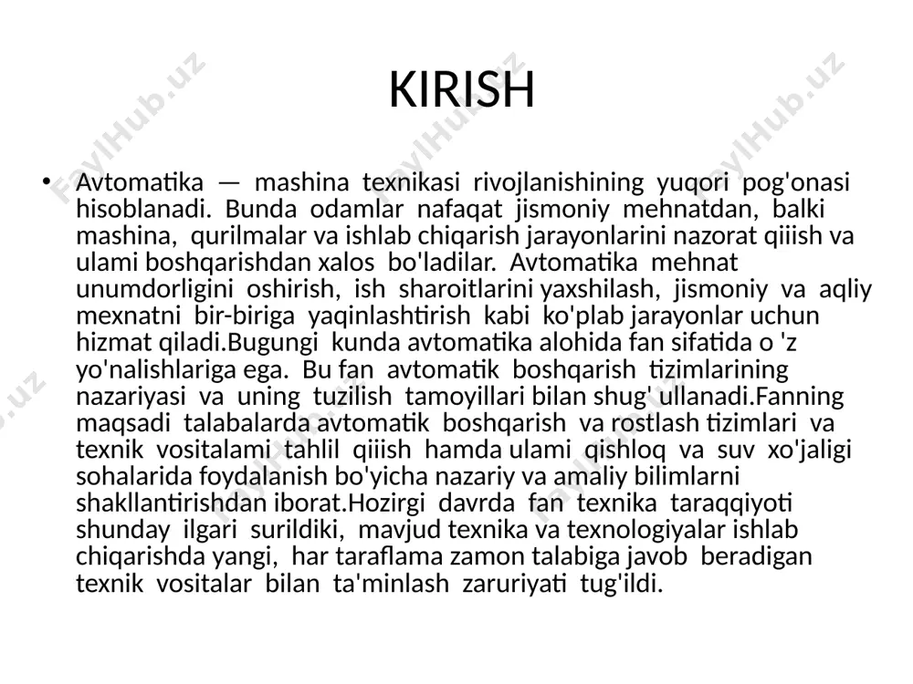 onuniga muvofiq ob'ekt holatining o'zgarishi. bunday o'zgarish tashqi omillar, masalan, nazorat yoki bezovta qiluvchi ta'sirlar natijasida yuzaga keladi 2 boshqaruv tuzilmasi - bu ob'ekt tomonidan ma'lum maqsadlarga erishish uchun boshqariladigan ob'ektga ta'sir qilish vositalarining tizimlashtirilgan to'plami. boshqarish tizimining ob'ekti ham texnik ob'ektlar , ham odamlar bo'lishi mumkin. boshqarish tizimining ob'ekti o'zaro munosabatlarning doimiy tuzilishiga ega bo'lishi mumkin bo'lgan boshqa ob'ektlardan iborat bo'lishi mumkin. boshqaruv ob'ektlari sifatida odamlarni o'z ichiga olgan boshqaruv tizimlari ko'pincha boshqaruv tizimlari deb ataladi . avtomatik boshqaruv tizimi, qoida tariqasida, ikkita asosiy elementdan iborat - boshqaruv ob'ekti va boshqaruv moslamasi. boshqarish ob'ekti - berilgan boshqaruv qonuniga muvofiq ob'ekt holatining o'zgarishi. bunday o'zgarish tashqi omillar, masalan, nazorat yoki bezovta qiluvchi ta'sirlar natijasida yuzaga keladi. avtomatik stabilizatsiya tizimlari. chiqish qiymati doimiy darajada saqlanadi (o'rnatilgan qiymat doimiy ). og'ishlar buzilishlar tufayli va yoqilganda paydo bo'ladi. dastur boshqaruv tizimlari. belgilangan qiymat oldindan belgilangan dastur qonuniga muvofiq o'zgaradi f. avtomatik boshqaruv tizimlarida …