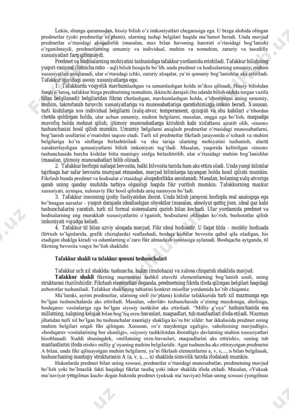 i maqsadini amaliyot tashkil etadi. barcha hollarda bilish insonning hayotiy faoliyati bilan u yoki bu darajada bog’liq bo’lgan, uning ma’lum bir ehtiyojini qondirishi mumkin bo’lgan narsalarni tushunib yetishga bo’ysundirilgan bo’ladi. bilish jarayonini amalga oshirar ekan, kishilar o’z oldilariga ma’lum bir maqsadni qo’yadilar. ular o’rganilishi lozim bo’lgan predmetlar doirasi, tadqiqot yo’nalishi, shakllari va metodlarini belgilab beradi. bilish murakkab, ziddiyatli, turli xil darajalarda va shakllarda amalga oshadigan jarayondir. uning dastlabki bosqichini hissiy bilish – insonning sezgi organlari yordamida bilishi tashkil etadi. bu bosqichda predmet va hodisalarning tashqi xususiyatlari va munosabatlari, ya’ni ularning tashqi tomonida bevosita namoyon bo’ladigan va shuning uchun ham inson bevosita seza oladigan belgilari haqida ma’lumotlar olinadi. hissiy bilishning barcha shakllariga xos bo’lgan xususiyatlari qatoriga quyidagilar kiradi: birinchidan, hissiy bilish obyektning (predmetning yoki uning birorta xususiyatining) subyektga (individga, to’g’rirog’i, uning sezgi organlariga) bevosita ta’sir etishini taqozo etadi. tasavvur ham bundan istisno emas. unda obrazi qayta hosil etilayotgan (yoki yaratilayotgan) predmet …