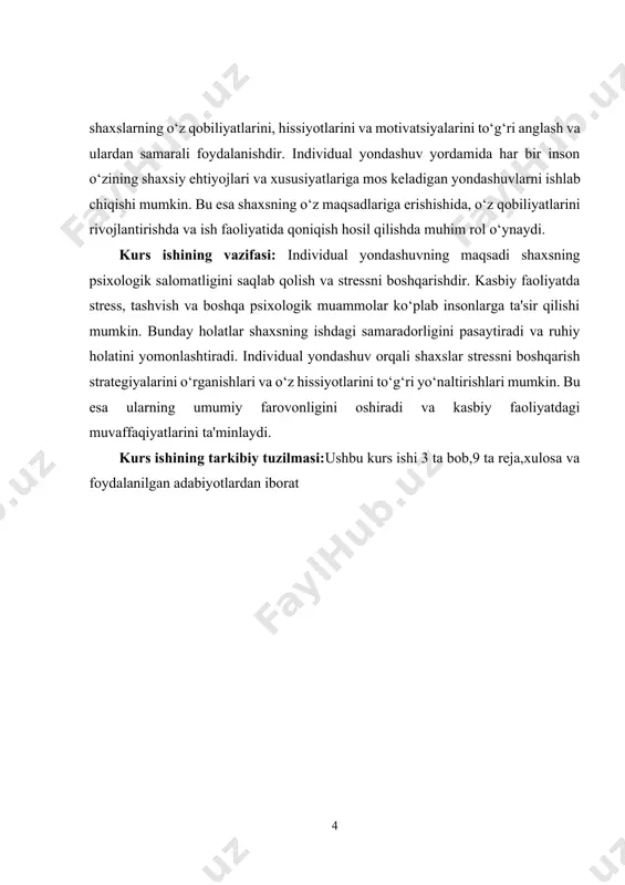 m bir sohada bilim, ko‘nikma va malakalarini qo‘llagan holda amalga oshiradigan faoliyatidir. u odamlarning ijtimoiy-iqtisodiy hayotida muhim o‘rin tutadi va jamiyatning rivojlanishida asosiy omil hisoblanadi. kasbiy faoliyat, shaxsning malakasini oshirish, tajriba to‘plash va professional o‘sishiga yordam beradigan jarayondir. bu jarayon shaxsning o‘z qiziqishlari, qobiliyatlari va ijtimoiy talablar asosida shakllanadi. kasbiy faoliyatning mohiyati shundaki, u nafaqat iqtisodiy ahamiyatga ega, balki shaxsning ruhiy va ijtimoiy rivojlanishida ham muhim rol o‘ynaydi. odamlar kasbiy faoliyat orqali o‘zlarini ifoda etadilar, yangi bilimlar va ko‘nikmalarni o‘zlashtiradilar, shuningdek, jamiyatga foydali bo‘lish imkoniyatini yaratadilar.[footnoteref:1] bu jarayon shaxsning o‘z-o‘zini anglashiga, o‘z qobiliyatlarini rivojlantirishga va o‘z maqsadlariga erishishga yordam beradi. [1: abdullayev, i. (2021). kasbiy psixologiya: nazariy asoslar va amaliyot. tashkent: o‘zbekiston respublikasi oliy va o‘rta maxsus ta’lim vazirligi. ] kasbiy faoliyat turli sohalarda amalga oshiriladi, masalan, tibbiyot, ta'lim, sanoat, xizmat ko‘rsatish va boshqa ko‘plab sohalarda. har bir sohada o‘ziga xos kasblar, talablar va malakalar mavjud. kasbiy faoliyatning muvaffaqiyati, shaxsning …