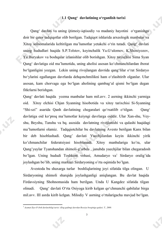 a joylashganligi aniqlangan. bu davlat haqida firdavsiyning shohnomasida ham berilgan. unda u kangdez sifatida tilgan olinadi. qang‘ davlati o‘rta osiyoga kirib kelgan qo‘chmanchi qabilalar birga mil.avv. iii asrda kirib kelgan. milodiy v asrning o‘rtalarigacha mavjud bo‘lgan. uning rivojlangan davri milodiy i-ii asrlar deb ko‘rsatiladi. dastlab uning chegarasi faqat sirdaryoning o‘ng qirg‘og‘idan, orol bo‘yigacha xududni egallagan. rivojlangan davrda uning xududi- sharqda farg‘ona va yettisuv, shimoli-sharqda orol dengizi, g‘arbda ural oldi xududigacha, ya’ni sarmatlargacha, shimolda sirdaryoning orqa tomonidagi cho‘llargacha, janubda sug‘dgacha borgan. bu yerda u kushan davlati bilan chegaradosh bo‘lgan. bu davrda uning tarkibiga o‘zbekistonning asosiy viloyatlari buxoro, toshkent, xorazm xududlari kirgan. bu ulkan 9104 li (3,4 ming km) hududdagi qang‘arlar yerida mil. avv i –milodiy i-ii asrlarda 120000 oila yoki 600000 kishi yashagan[footnoteref:2]3. [2: 3 шониёзов к.қанг давлати ва қанглилар. –т.: «фан», 1990, – б. 35.] qang‘ ko‘chmanchi chorvachilik bilan shug‘ullanganlari uchun ularda 2 markaziy shaxar bo‘lgan. yozma manbalarda qang‘ davlatining …