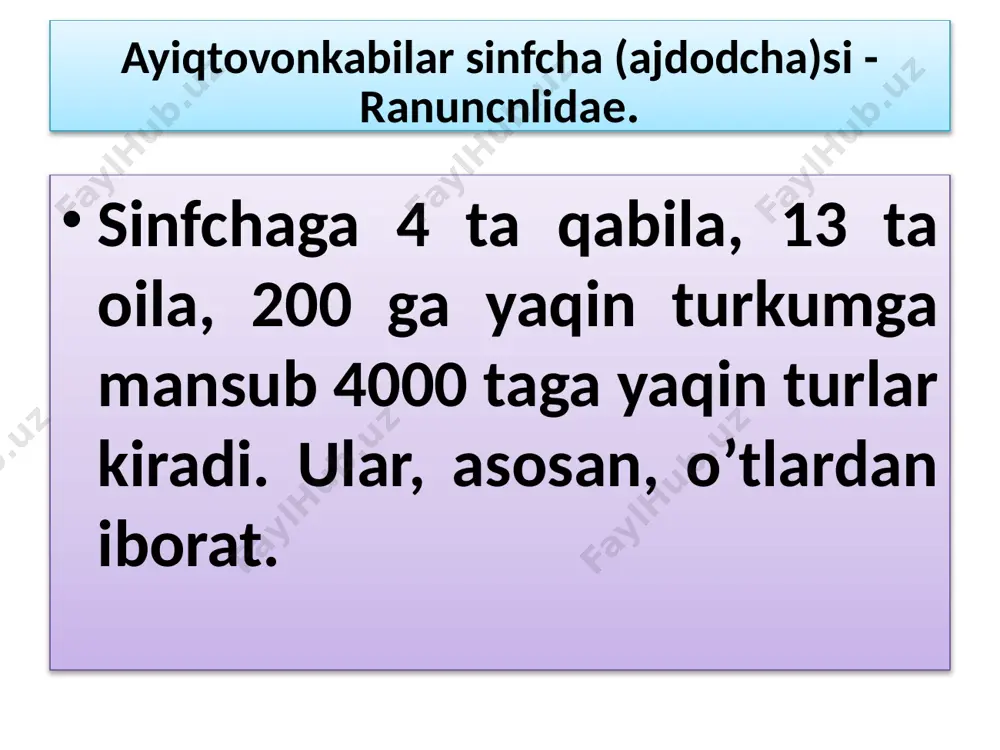 lik. barglari qo’sh patsimon, ingichka bo’laklarga kesilgan. gullari aktinomorf, ikki jinsli, gulkosachabarglari 5-8 ta, gultojibarglari 5 tadan. changchilari ham urug’chilari ham cheksiz. mevasi ko’p a'zoli yong’oq meva, tibbiyotda yurak kasalini davolashda ishlatiladi. sariq rangli gultojibarglaridan bo’yoq olinadi. parpi - akonitum o’t o’simlik bo’lib, gullari ko’m - ko’k rangda bo’lib, zigomorfdir. bu o’simlik tarkibida akonitin degan zaharli alkoloid bor, bu modda kam miqdorda berilsa og’riqni bosadi, katta dozalari qattiq zaharlanishga sababchi bo’ladi. akonitning asosan tuganaksimon ildizidan tayyorlanadigan ekstrakti bilan nastoykasi nevralgiya, revmatizm va boshqa kasalliklarni davolashda ishlatiladi. uchma - cyeratocephalus erta bahorgi, efemyer o’simlik. barglari uchtali qirqilgan. o’simlikning bo’yi 1 sm dan 10 sm gacha, poyasi bargsiz. gullari aktinomorf, ikki jinsli, hashorot yordamida changlanadi. gulkosa va gultojibarglari 5 tadan erkin o’sgan, changchilari 5-15 tagacha, urug’chisi cheksiz. trollius –trollius. ko’p yillik o’t o’simlik. barglari oddiy panjasimon, mevalari ko’p urug’li. isfarak- delphinium- bir va ko’p yillik o’t o’simlik. barglari chuqur qirqilgan. gullari zigomorf, …