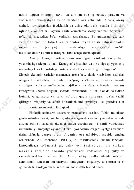 igan bir turkum mavzuli xaritalar asosida geotizimlarni ifodalanishi eng qulay va samarali usul bo’lib xizmat qiladi. asosiy tadqiqot usullari sifatida landshaft, aerokosmik, landshaft indikatsiyasi, kartografik, miqdoriy, solishtirish va b. qo’llaniladi. ekologik xaritalar asosini landshaftlar tashkil qiladi. amaliy ekologik xaritalashtirish. amaliy ekologik xaritalashtirish xududlarda tabiat muzxofazasi, vujudga kelgan qaltis vaziyatlarni yumshatish, axoli uchun qulay va juda qulay tabiiy muxit yaratish, falokat keltiruvchi tabiat xodisalarini oldini olish, tabiiy muxitni optimallashtirish va boshqa yumushlarda kurashning taktika va strategiyasini aniqlash, loyixa ishlarini amalga oshirishda negiz vazifasini o’taydi. amaliy xaritalar guruxida baxolash, prognoz, chora-tadbirlar majmuasi, inventarlash, tabiatni muxofaza qilish bo’yicha rayonlashtirish, ekologik rayonlashtirish va boshqa turdagi mavzuli xaritalar tuziladi. xaritalar amaliy turdagi ustivorlikka ega bo’lganliklari uchun ularni tayyorlashda me’yoriy, taxlil natijasida aniqlangan kursatkichlar, kuzatish, dala-tajribaviy ishlar(eksperiment) natijalaridan keng fo ydala n iladi. ekologik monitoring natijalari asosida xaritalashtirish. atrof muxitni, xususan suv va xavo xavzalari, tuproqni ifloslanishi, yaylov, o’rmonzorlarni buzilishi, yer resurslarini muomaladan chiqib ketayotganligi muntazam …