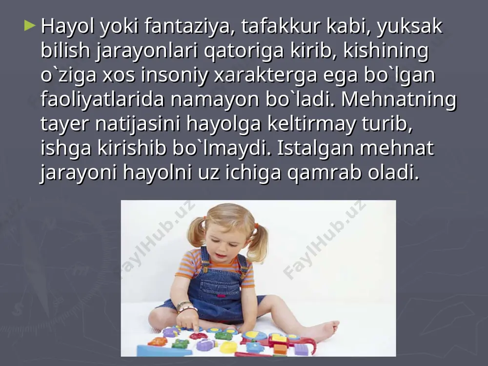 faoliyatlarda yuzaga chiqadi. mehnatning tayyor natijasini xayolga keltirmay turib, ishga kirishib bo’lmaydi. fantaziya yordamida kutilayotgan natijani tasavvur qilish - inson mehnatining hayvonlar instinktiv harakatlaridan tubdan farqidir. xayol inson ijodiy faoliyatining zarur elementi bo’lib, mehnatning oxirgi va oraliq mahsulotlarida o’z ifodasini topadi. xayol mehnat natijalarini narsalarda gavdalantirishga undaydi va shuning bilan birga muammoli vaziyat aniq bo’lmagan hollarda ish-harakat programmasini tuzishni ta’minlaydi. xayol tafakkur singari, muammoli vaziyatda, ya’ni masalani yechishning yangi usullarini qidirib topishda yuzaga keladi. ehtiyojlarni qondirishning real jarayonidan oldin ehtiyojlarni qondirishning soxta, xayoliy jarayoni sodir bo’ladi. muammoli vaziyatda masalani hal qilish uchun biz tushunchalarga (bilimlarga) va obrazlarga suyanamiz. ko’pincha bu ikkala vosita ham birgalikda qo’llaniladi. ammo ulardan qaysi birining ustunligi muammoli vaziyatning xarakteriga bog’liq. agar muammoli vaziyat ko’p jihatdan o’zining noaniqligi bilan ajralib tursa, dastlabki ma’lumotlarni aniq analiz qilish juda qiyin bo’lsa xayol mexanizmlari ishga tushadi. xayol o’zining faolligi va aktivligi bilan xarakterlanadi. shu bilan birga xayol kishini faollikka undovchi …