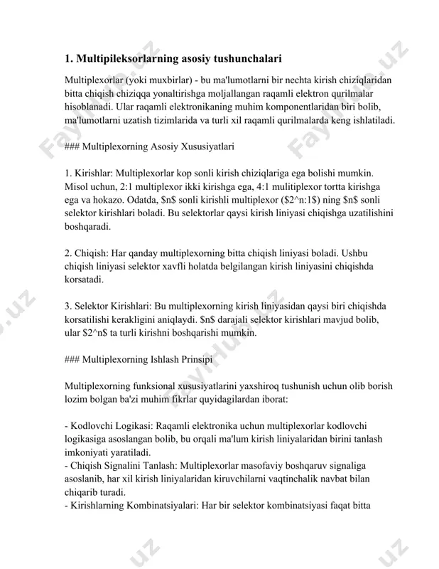 ik izohga ega bo'lib, barcha kiruvchi signallarni bir vaqtning ozida uzatilishini taminlaydi. ### multiplexorlarning qollanishi multiplexorlar sanoat va texnologiya sohalarida turli maqsadlar uchun keng qollanilganki, buning ichida eng muhimlari quyidagi sohalarni oz ichiga oladi: - kommunikatsiya tizimlari: detallar alohida chiziqlar oquvlaridan biriga kochiriladi va ochirib turadi, natijada malumotlar bir vaqtning ozida kochirib turiladi. - raqamli tizimlar: koproq malumotni, ayniqsa, kompyuter arxitekturasi va ma'lumotlar qayta ishlashda ko'proq chiziq bilan ishlash kerak bolganda, multiplexorlar ma'lumotlarni samarali boshqarish uchun qollaniladi. - malumotlarni muvofiqlashtirish: multiplexorlar ayni bir vaqtda har xil usullar bilan kop ma'lumotlarni juda kamaytirish imkoniyatini beradi, bu esa ularga turli muvofiqlashtirish jarayonlarini amalga oshirish imkonini yaratadi. ### matematik tushunchalari matematika jihatidan qaraganda, multiplexorlar bir necha kiruvchi malumotni bir qatorga olib keluvchi funksiyalardir. bunda, multiplexorlar toliq $2^n$ ta kombinatsiyani boshqaradi, ya'ni har bir kombinatsiya bitta kirishni tanlaydi. $n$ sonli selektorlar mavjud bolib, ular $2^n$ ta turli kombinatsiyani tayinlaydi va bitta kirishni tanlashda foydalinaladi. …