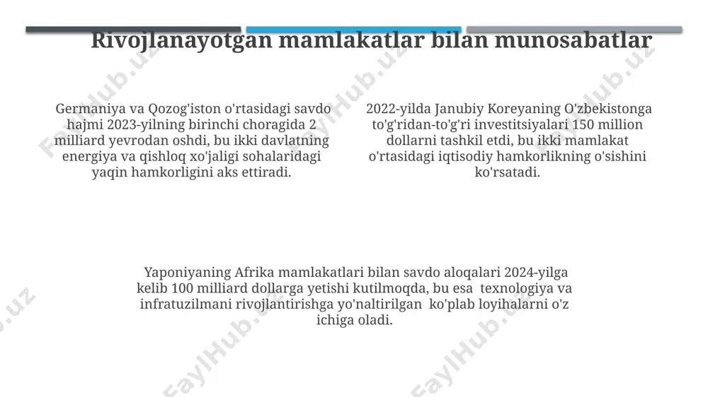 2022 йилда ақш билан 250 млрд ақш долларилик савдо айланмасига эришди, бу икки томонлама муносабатларда муҳим ўрин тутади ва глобал иқтисодиётга таъсир кўрсатади. jahon iqtisodiyotining rivojlangan mamlakatlardagi roli rivojlangan mamlakatlarning yalpi ichki mahsuloti (yaim) jahon yaimining 70% dan ko'prog'ini tashkil etadi va bu ularning global moliyaviy bozorlaridagi ustunligini ta'minlaydi. 2022-yilda dunyoning eng yirik 10 ta kompaniyasining 7 tasi aqsh, buyuk britaniya va germaniyada joylashgan bo'lib, bu rivojlangan mamlakatlarning texnologik va innovatsion liderligini namoyish etadi. jahon savdosining 60% dan ortig'i rivojlangan mamlakatlar, masalan, aqsh, yaponiya va germaniya kabi davlatlar o'rtasida amalga oshiriladi, bu ularning global iqtisodiyotdagi kuchli ta'sirini ko'rsatadi. ishlab chiqarishning asosiy tarmoqlari germaniyada avtomobilsozlik sanoati, eksportning 20% dan ortig'ini tashkil etib, mamlakat iqtisodiyotining muhim tarkibiy qismidir va butun dunyo bo'ylab millionlab ish o'rinlarini ta'minlaydi. yaponiyada elektronika va mashinasozlik sanoati, global bozorlarda raqobatbardoshligi bilan mashhur bo'lib, eksport daromadlarining katta qismini tashkil etadi va milliy daromadning muhim qismini tashkil qiladi. aqshda 2022-yilda …