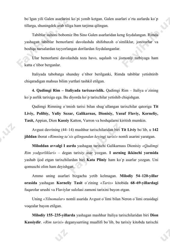 roflicha bayon etilgan. mashhur rim imperatori yuliy sezar «gall urushlari yilnomasi» va «fuqarolar urushi haqida yilnoma» kabi tarixiy asarlarning muallifidir. rim tarixchilarining asarlari rim – italiya va qo`shni xalqlar tarixini o`rganishda qimmatbaho manba bo`lib xizmat qilib kelmoqda. 5. qadimgi rim – italiya adabiyoti. qadimgi rim – italiya adabiyoti o`zining uzoq tarixiy o`tmishiga ega. rim – italiyada yozma adabiyotning vujudga kelishi miloddan avvalgi vi–v asrlarga borib taqaladi. o`sha davr adabiyotining ko`zga ko`ringan vakillari and-ronik, enney, plavt, katull va boshqalar hisoblanadi. miloddan avvalgi i asr rim – italiya adabiyotining «oltin davri» hisoblanadi. bu davrda vergiliy, gorasiy, tibull, ovidiy nazon kabi mashhur adib va shoirlar ijod etganlar. sezarning do`sti, o`z zamonining ma`rifatparvar kishisi mesanat zamonida yashagan, shoir va adiblarga homiylik qilib, ularni qo`llab-quvvatlagan kishi sifatida mashhurdir. saltanatni mustahkamlashda san`atning ahamiyatini tushungan avgust shoirlarni o`z saroyiga jalb etishga intilgan. bu davrdagi eng mashhur shoirlardan biri vergiliy bo`lib, u dehqonchilik to`g`risida «georgiklar» nomli she`riy doston …