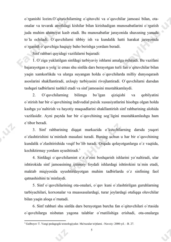o`z sinfining faol qatnashishini ta`minlaydi. 5. sinf o`quvchilarining ota-onalari, o`quv kuni o`zlashtirilgan guruhlarning tarbiyachilari, korxonalar va muassasalardagi, turar joylardagi otaliqqa oluvchilar bilan yaqin aloqa o`rnatadi. 6. sinf rahbari shu sinfda dars berayotgan barcha fan o`qituvchilari o`rtasida o`quvchilarga nisbatan yagona talablar o`rnatilishiga erishadi, ota-onalarga pedagogik bilim tarqatib, oila bilan maktab o`rtasidagi aloqani mustahkamlaydi. sinf rahbarining axloqiy obro`si g`oyat darajada yuqori bo`lishi ham bu o`rinda muhimdir. sinf rahbari ana shundagina tarbiyaviy ta`sir kuniga ega bo`ladi. tarbiyachining shaxsiy fazilatlari, ma`naviy qiyofasi o`quvchilar ongining va xulqining shakllanishiga katta ta`sir ko`rsatadi. sinf rahbari uchun malaka va ko`nikmalarga ega bo`lishini o`zi yetarli emas. u o`z tarbiyaviy faoliyatida yuksak darajadagi insonparvarlik fazilatlari, o`z ishiga sadoqati, intizomi, odamiyligi, axloqiy sifatlari bilan ham ta`sir o`tkazadi. chunki, tarbiyachilik qobilyati juda ko`p sifatlarni: chuqur bilim, keng fikrlilik, ishga jon dildan ko`ngil qo`yish, bolalarga bo`lgan cheksiz, muhabbat muomala nazokatlilik, qalb yoshligi, serzavq temperament, oqil va adolatlilik namunasi, alohida nazokat sipolik va vazminlik …