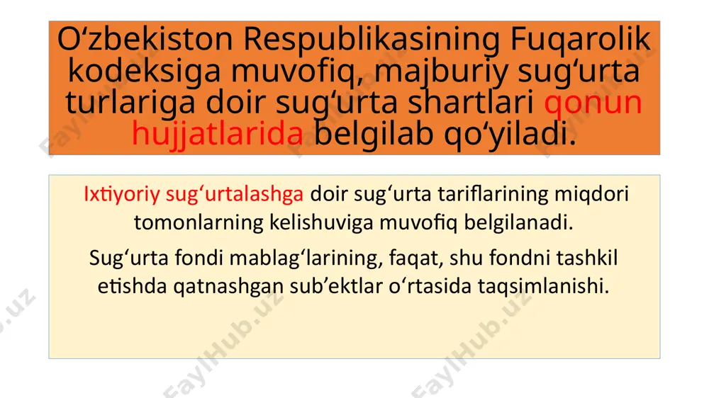 rtalanuvchining manfaatlarini himoya qiladi. ko‘rsatgan xizmatlari uchun vositachi sug‘urtalanuvchidan emas, balki sug‘urta kompaniyasidan tegishli vositachilik haqini oladi. sug‘urta faoliyati jismoniy va yuridik shaxslar manfaatlarini himoya qilish, ularning risklar yuz berishi oqibatida ko‘rishi ehtimol bo‘lgan zararlarini qoplashning zaruriy vositasi sifatida paydo bo‘ldi hamda rivojlandi. shunday anglanilgan zarurat - aniq sug‘urta manfaatlari negizida sug‘urta munosabatlari yuzaga keldi. sug‘urta munosabatlari, ularning tashkiliy shakllari qandayligidan qat’i nazar, sug‘urta fondini yaratish va undan foydalanish jarayonidir. sug‘urta faoliyati bozor munosabatlarining eng muhim unsuriga aylandi. «sug‘urta faoliyati deganda sug‘urta bozori professional ishtirokchilarining sug‘urtani amalga oshirish bilan bog‘liq faoliyati tushuniladi»(2). «shu narsa aniqki, bugungi kunda xo‘jalik yurituvchi sub’ektlar... sug‘urta tizimisiz samarali ishlash, investitsiya faoliyati bilan shug‘ullanish, kredit olish imkoniyatiga ega emas»(3). 2. “transport vositalari egalarining fuqarolik javobgarligini majburiy sug‘urta qilish to‘g‘risida” o‘zbekiston respublikasi qonuni. 2008 yil 21 aprel. 3. “ish beruvchiining fuqarolik javobgarligini majburiy sug‘urta qilish to‘g‘risida” o‘zbekiston respublikasi qonuni. 2009 yil 16 aprel. hozirgi kunda mamlakatimizda sug‘urta …