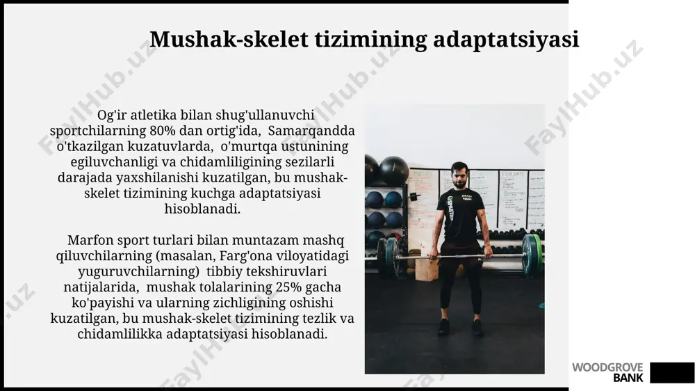 gan mashqlar (aerobik), mitoxondriyalarning soni va hajmining oshishiga olib keladi, bu esa hujayralarning atp sintez qilish qobiliyatini 20% ga oshiradi, masalan, aқш da o'tkazilgan tadqiqotlarda isbotlangan. uzun masofali yugurish paytida (masalan, marafon), yog' kislotalarining oksidlanishi asosiy energiya manbai bo'lib xizmat qiladi va jigar glikogemining zahiralari taxminan 4 soatlik yuklamadan keyin tugaydi. woodgrove bank e'tiboringiz uchun rahmat @taqdimot_robot woodgrove bank image1.jpg image2.jpg image3.jpg image4.jpg image5.jpg image6.jpg image7.jpg image8.jpg image9.jpg image10.jpg image11.jpg image12.jpg