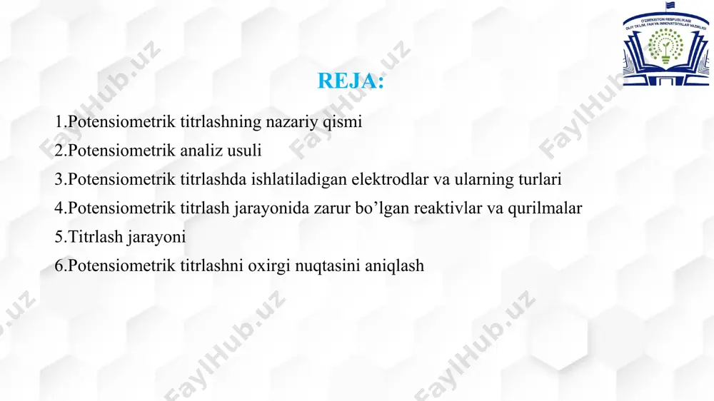 tgunga qadar bosqichma-bosqich qo'shilishidan iborat. titrlash jarayonida eritmaning potentsialini kuzatish uchunkumush-kumush xlorid elektrodi yoki kalomel elektrodi ishlatiladi, bu cho'ktiruvchi qo'shilganda o'zgaradi. titrlash jarayonida eritmaning potentsialini nazorat qilish uchun platina elektrod yoki oltin elektrod ishlatiladi, bu oksidlovchi yoki qaytaruvchi vosita qo‘shilganda o‘zgaradi. potensiometrik titrlashda ishlatiladigan elektrodlar va ularning turlari payvandlash elektrodi — payvandlash, eritish yoki kesib tushirish vaqtida detalga elektr toki beradigan element (plastinka, rolik yoki sterjen). metall, kamdan-kam hollarda koʻmir sirtiga legirlovchi, oksidlovchi va barqarorlovchi kimyoviy modda qoplab tayyorlanadi. elektrodning eriydigan, erimaydigan (volfram va uglerodli poʻlat sterjenlar) va kontakt payvand uchun moʻljallangan turlari bor. eritmadagi vodorod ionlarining faolligiga javob beradigan va elektrod potentsialini o'zgartiradigan elektrod ph indikator elektrodi yoki ph o'lchash elektrodi deb ataladi. ph indikator elektrodlari vodorod elektrodlari, antimon elektrodlari va shisha elektrodlarni o'z ichiga oladi, lekin eng ko'p ishlatiladigan elektrodlar shisha elektrodlardir. potensiometrik titrlash jarayonida zarur bo’lgan reaktivlar va qurilmalar potensiometrik differensial titrlash uchun qurilma 1-magnitli aralashtirgich; 2-magnitli …