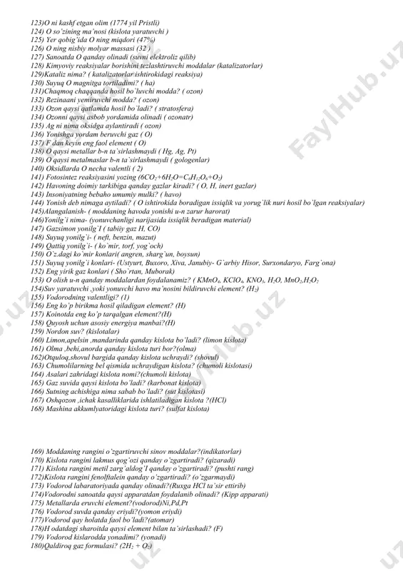 mi (ha) 92) mis xona sharoitida havo bilan ta’sirlashadimi (yo’q ko’p yil k/k bo’ladi) 93) reaksiya sodir bo’lishini osonlashtirish uchun nimalar qilish kerak(qattiq moddalar maydalanadi,suvda eritiladi,qizdiriladi) 94)kimyoviy reaksiyalarni qanday ifodalash mumkin (kimyoviy formula orqali) 95) reaksiyalar necha qismdan iborat (o’ng va chap qismdan) 96) reaksiyaga kirishuvchi moddalar reaksiya tenglamasining qaysi qismida yoziladi? (chap) 97) kimyoviy reaksiyaning kimyoviy formula orqali ifodalanishiga (kimyoviy tenglama) 98) tenglamani nima yordamida tenglashtiramiz (koefitsiyent) 99)tarkibining doimiylik qonunini kim e’tirof etdi (1799 yil prust) 100) tarkibining doimiylik qonuni (harqanday modda olinish usuli va joyidan qat’iy nazar o’zgarmas tarkibga ega) 101)miqdor o’zgarishlari –(sifat o’zgarishiga olib keladi) 102) miqdor va sifat (doimiy bog’liqlikda) 103)karrali nisbatlar qonunini qaysi olim kashf etgan (j.dalton 1803 yil) 104) suvning sifat tarkibi qanday (o va h dan iborat) 105) kimyoviy reaksiyaga kirishayotgan moddalarning umumiy massasi reaksiya maxsulotlarining umumiy massasiga teng (massaning saqlanish qonuni) 106)kimyoviy reaksiyada bir element boshqasiga aylanadimi (yo’q) 107)ekvivalent so’zining ma’nosi (teng …