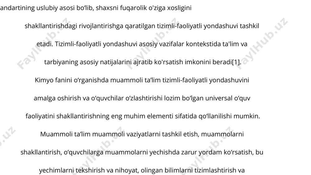 ta’limni tashkil etishning bunday usuli o‘quvchilar yetarli bilimga ega bo‘lmagan, ma’lum bir hodisaga birinchi marta duch kelgan, va zarur assotsiativ bog‘liqlikni o‘rnatolmagan hollarda muvofiqdir. izlanish va tadqiqot faoliyati [12,13]. l an’anaviy darslarni bevosita axborot texnologiyalar bilan bog’lab o’tilsa kimyo fanini o’rganishda quyidagi samaradorliklarni ko’rishimiz mumkin: -o’rganilayotgan materialni diagrammalar, chizmalar bilaan birga o’rganilsa .kimyoviy hodisalarni turli tomondan ko’rib chiqish mumkin; -audiovizual vositalardan foydalanganda kimyoda o’rganilayotgan materialning mazmuni tushunarli, qiziqarli, bo’lishi -internet tarmog’i orqali maxsus saytlarda joylashtrilgan testlarni o’quvchilar bilan ishlash orqali nafaqat kimyoga doir bilimni rivojlantirish shu bilan birga chet tillarini ham rivojlanadi; -dastlabki kimyoga doir tushunchalarni modellashtirish va o’rganish; -murakkab kimyoviy reaksiyalar tajribalarini(yadroviy reaksiyaga oid, juda sekin boruvchi reaksiyalarni tezlashtirilgan holda, portlovchi moddalarga oid reaksiyalar va hokazo…) ko’rish; -o’quvchilarni mustaqil ravishda o’rganishni nazorat qilish; -kimyoni o’qitishda o’quvchilarning o’z qobilyatini amalga oshirishini hisobga olgan holda ularga qulay sharoit yaratib berish(idrok, fikrlash, xotira, miyyaning ishlash tezligi qobilyati); -internetdan to’g’ri va unumli foydalanishni …