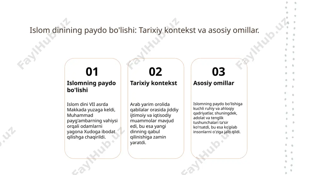 n hayotining barcha jihatlarini qamrab oladi. 2 qur’onning tarixi qur’on, muhammad payg'ambarning vahiy qilingan so'zlaridan iborat. u 23 yil davomida bosqichma-bosqich tushirilgan va islom tarixida muhim ahamiyatga ega. 3 hadis va ta'limot hadis, payg'ambar muhammadning so'zlari va amallari haqida qilingan yozuvlar. ular diniy qonunlar va axloqiy me'yorlarni belgilaydi, musulmonlar uchun yo'l-yo'riq hisoblanadi. qur’on va hadis: islomning asosiy muqaddas manbalari. qur’on: muqaddas kitob qur’on, islomning asosiy muqaddas manbai bo'lib, muhammad payg'ambarga vahiy qilingan bo'lib, uning 114 surasi va 6236 oyati mavjud. hadis: payg'ambar so'zlari hadis, muhammad payg'ambarning so'zlari va amallari to'plami bo'lib, islom ta'limotining muhim qismini tashkil etadi va uning tafsiriga yo'l ko'rsatadi. muqaddas matnlarning ahmiyati qur’on va hadis, musulmonlar uchun hayotning barcha jabhalarida yo'l-yo'riq ko'rsatadi va diniy, axloqiy, ijtimoiy qadriyatlarni belgilaydi. islom dinidagi muqaddas matnlar va ularning ta’limoti. 1 qur’on: asosiy manba qur’on, islomning muqaddas kitobi, muhammad payg’ambarga vahiy qilinib, barcha insoniyatga yo’l-yo’riq beradi va diniy qadriyatlarni belgilaydi. 2 hadis: …