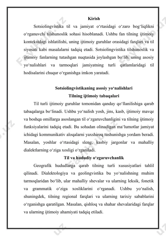 asosida shakllangan stereotiplarga qanday ta‘sir qilishini tahlil qiladi. masalan, erkaklar va ayollarning nutqidagi emosional ifodalar, rasmiy yoki norasmiy nutqda qo‘llaniladigan so‘z va iboralar o‘rtasidagi farqlar o‘rganiladi. bu tadqiqotlar ijtimoiy tenglik va kommunikatsiyadagi gender rollarini tushunishga yordam beradi. til va ijtimoiy mavqe tilshunoslikda ijtimoiy mavqe muhim tushuncha bo‘lib, tilning yuqori va past ijtimoiy qatlamlarda qo‘llanishini tadqiq etadi. bunda elit tillar, mehnat tillari yoki ijtimoiy stigma bilan bog‘liq dialektlar tahlil qilinadi. masalan, jamiyatning turli qatlamlarida bir xil so‘zlarning turlicha qo‘llanilishi yoki aksincha, past tabaqalarda mavjud bo‘lgan lingvistik shakllar yuksak tabaqalarga ko‘chib o‘tishi o‘rganiladi. kod almashtirish va kod aralashtirish ko‘p tilli jamiyatlarda bir vaqtning o‘zida bir necha tildan foydalanish jarayoni kod almashtirish va kod aralashtirish deb ataladi. ushbu hodisa ikki yoki undan ortiq tilli jamiyatlarda juda keng tarqalgan. bunda odamlar bir gapning ichida bir tilni boshqasiga almashtirishi yoki aralashtirishi mumkin. bu yo‘nalish tilshunoslar uchun ko‘p tillilik va madaniy ta‘sirlarni o‘rganishning dolzarb mavzularidan biridir. …