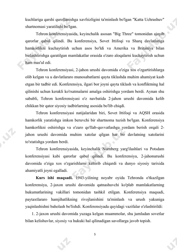 2-jahonurushi yakuniga yaqinlashishga qaratilgan qadam-lar haqida fikrlashdi. tehron konferensiyasi, 1943-yilining eng muhim diplomatik tadbirlaridan biri edi va xx asrlar siyosiy tarixining bosqichidagi eng muhim vakiyalardan biri bo'lib qoldi. konferensiya, paytaxtlararo hamjihatlikda yana qadam tashlash, urush yakuniga yaqinlashish va keyinchalik to'g'ridan-to'g'ri xizmatda qo'llashni ta'minlashga yo'l harakat qilishda o'z ahamiyatini ko'rsatgan edi. i bob tehron konferensiyasi va siyosiy kelishuv 1.1 siyosiy kelishuvlar 2-jahon urushi tugaganidan keyin, dunyoda quyidagi kelishuvlar sodir bo'ldi: · [footnoteref:1]birinchi, amerika qo'shma shtatlari bilan rossiya orasida strategik atom silalarining sonini kamaytirishga doir kelishuv imzolandi. bu kelishuv, start-3 deb nomlangan va 2010 yilda teksasning prari chiroqlik kentida imzolangan kelishuvning davomi hisoblanadi. [1: ayg'oqchilar ko'prigi kitobidan. haqiqiy hikoya jeyms donovan muallif sever aleksandr vermaxtning o'limi kitobidan muallif plenkov oleg yurievich xx asrning artilleriya va minomyotlari kitobidan muallif ismagilov r. s. ] · ikkinchi, amerika qo'shma shtatlari, britaniya va fransiya, iroqning nuklearka materiallarni ishlatishida va uning atom dasturi bilan bog'liq holatini tekshirishda …