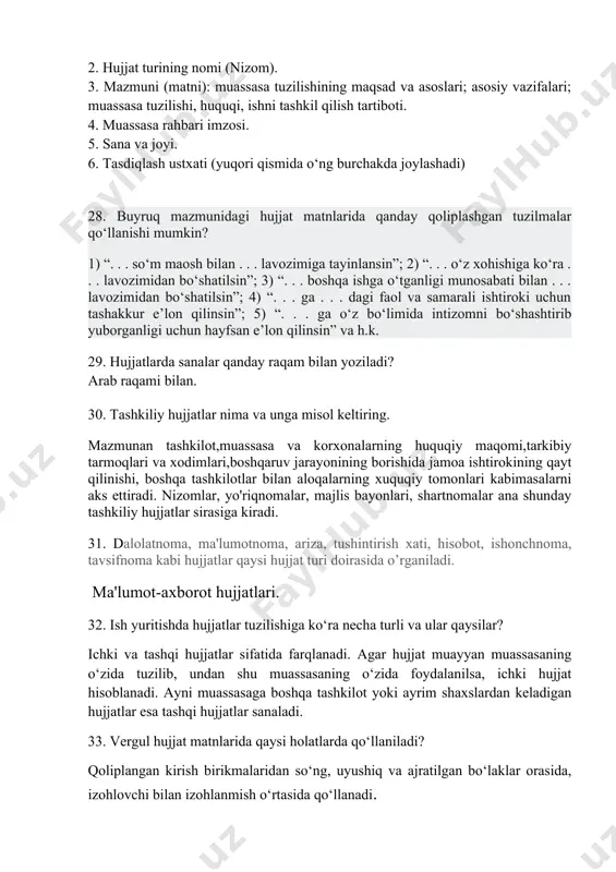 omonning fuqarolik huquqlari va majburiyatlarini bеlgilash, o‘zgartirish yoki to‘xtatish yo‘lidagi kеlishuv. 36. ariza nima? muayyan muassasaga yoki mansabdor shaxs nomiga biror iltimos, taklif yoki shikoyat mazmunida yoziladigan rasmiy hujjat sanaladi. 37. arizaning yozilish shakli qanday? qayerga yoki kimga ariza yozuvchining turar joyi, lavozimi, to‘liq nomi ariza ariza matni (mazmuni) ilova sana (yil, kun, oy) i.o. va familiyasi imzo 38. ishonchnoma nima? muayyan muassasa yoki ayrim shaxs o‘z nomidan ish ko‘rish uchun ikkinchi bir shaxsga ishonch bildiradigan yozma vakolatli hujjat. 40. tavsifnoma nima? ma’lum bir shaxsning mеhnat va ijtimoiy faoliyati, shuningdеk uning o‘ziga xos xislat va fazilatlarini aks ettiruvchi rasmiy hujjat tavsifnoma deyiladi. 41. tavsiyanoma nima? biror shaxsni ma’lum lavozimga yoki turli tashkilotlarga a’zo bo‘lish uchun tavsiya etish maqsadida tuziladigan rasmiy hujjat tavsiyanoma deyiladi. 42. tarjimayi hol nima? ma’lum bir shaxs tomonidan o‘z shaxsiy hayoti va faoliyati haqida bayon qilingan yozuv tarjimayi hol deyiladi. 43. bildirishnoma nima. muayyan muassasa (tarkibiy qism) …