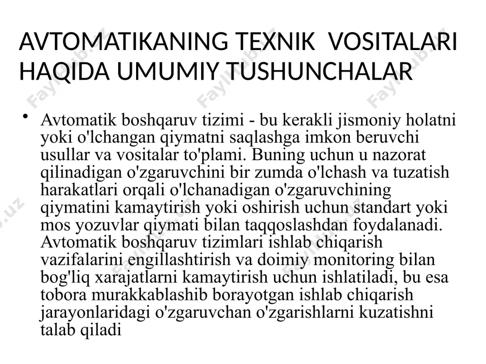 miqdorga bevosita bog'liq holda shakllanadi. tizimning kirishi va chiqishi o'rtasidagi bog'lanishga qayta aloqa deyiladi . qayta aloqa signali mos yozuvlar signalidan chiqariladi. bunday fikr-mulohazalar salbiy deb ataladi . ta'rif: agar boshqaruv tizimi (cs) yuqoridagi barcha qismlarni o'z ichiga olsa, u yopiladi. ta'rif: tekshirish natijalari haqidagi ma'lumotlardan foydalangan holda texnik ob'ektni boshqarish teskari aloqa printsipi deb ataladi. sxematik ravishda bunday boshqaruv tizimini quyidagicha ko'rsatish mumkin: boshqaruv tizimining tuzilishi agar boshqaruv tizimi blok-sxemaga ega bo'lsa, uning shakli shaklga mos keladi. va inson (operator) ishtirokisiz funktsiyalar (ishlar), keyin u deyiladi avtomatik boshqaruv tizimi . agar boshqaruv tizimi shaxs (operator) ishtirokida ishlayotgan bo'lsa, u holda u deyiladi avtomatlashtirilgan boshqaruv tizimi . agar nazorat nazorat natijalaridan qat'i nazar, ob'ektning vaqt o'tishi bilan o'zgarishining berilgan qonunini ta'minlasa, bunday boshqaruv ochiq tsiklda amalga oshiriladi va boshqaruvning o'zi dastur boshqaruvi deb ataladi . ochiq tsiklli tizimlarga sanoat mashinalari (konveyer liniyalari, aylanma liniyalar va boshqalar), kompyuterning raqamli boshqaruv mashinalari …