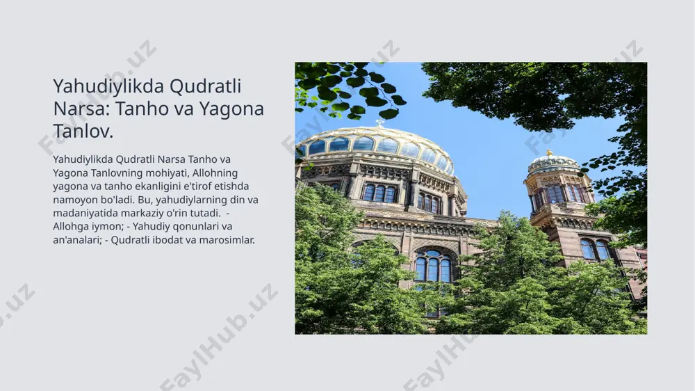 o'tadi. masalan, shabbat, oilaviy birlashuv va diniy ta'lim ularning hayotida muhim rol o'ynaydi. yahudiy urf-odatlar: zamonaviy hayotdagi roli va ahamiyati. yahudiy urf-odatlari yahudiy urf-odatlari, asrlar davomida shakllangan an'analardan iborat bo'lib, odamlarning ruhiy va ijtimoiy hayotida muhim rol o'ynaydi. zamonaviy ta'siri bugungi kunda yahudiy urf-odatlari, ijtimoiy munosabatlar va turmush tarzi orqali zamonaviy hayotga integratsiyalashgan, madaniyatni boyitadi. ijtimoiy rol yahudiy urf-odatlari, birlashuv va hamjihatlikni ta'minlaydi, oilalarda va jamoalarda mustahkam aloqalarni rivojlantiradi, turli avlodlar orasida uzviylikni saqlaydi. o'zbek yahudiy madaniyatida an'analar va marosimlarning o'rni. 1 o'zbek yahudiylari o'zbek yahudiylari, o'zbekistondagi yahudiy madaniyatining noyob vakillari bo'lib, o'z an'analari va marosimlari bilan ko'plab tarixiy voqealarni saqlab kelganlar. 2 an'anaviy marosimlar o'zbek yahudiylarida an'anaviy marosimlar, masalan, bar mitzvah va nikoh marosimi, juda muhimdir, bu marosimlar diniy hayotning markazida joylashgan. 3 madaniy ta'sir o'zbek yahudiy madaniyati, o'zbek xalqining madaniyati bilan birlashib, o'ziga xos urf-odatlar va bayramlarni shakllantirgan, bu esa turli xil ta'sirlarni keltirib chiqarmoqda. 4 ruhan yangilanish …