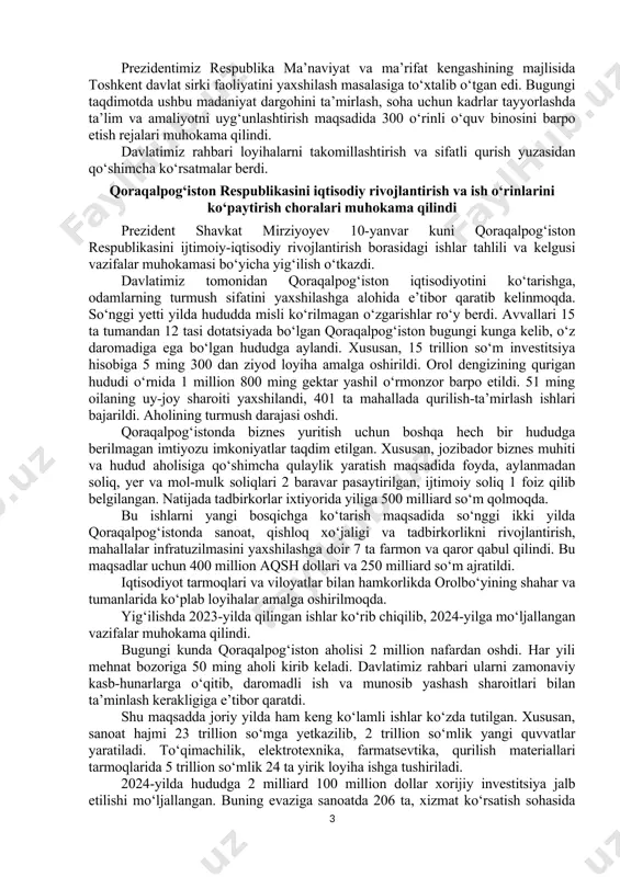 anzara. ayniqsa, bahor-yoz mavsumida sayyohlar bilan gavjum. bu boradagi sharoitlarni kengaytirish maqsadida shahrisabzdagi miraki, parkentning nurobod va kumushkon hududlarida zamonaviy dam olish maskanlarini barpo etish ko‘zda tutilgan. shuningdek, qashqadaryodagi maydanak tog‘ maskanida yengil konstruksiyali xostellar qurish, mavjud binolarni savdo va xizmatlarga qayta ixtisoslashtirish, hududni obodonlashtirish mo‘ljallangan. turistlar boradigan joylardan biri bu – bozor. lekin bugungi kunda ayrim bozorlarimiz turistlar uchun jozibador emas, ularda milliy kolorit yetishmaydi. shu bois davlatimiz rahbari milliy madaniyatimizni aks ettirgan bozor majmualari loyihasini ishlab chiqish vazifasini qo‘ygan edi. taqdimotda tarixiy shaharlarimizdagi bozorlarni turistlar uchun jozibador maskanlarga aylantirish bo‘yicha dastlabki loyihalar namoyish qilindi. bozorlarimizning o‘ziga xos jihatlarini saqlab qolgan holda ularni yurtimizning “tashrif qog‘ozi”ga aylantirish kerak. oziq-ovqat, kiyim-kechak, zargarlik do‘konlari, oshxonalar, ko‘ngilochar maskanlar hamohang bo‘lishi, xaridorlar va turistlarni o‘ziga jalb qilishi zarur, – dedi shavkat mirziyoyev. bu borada turkiya va arab mamlakatlari tajribasini o‘rganish, loyihalashtirishga xorijiy mutaxassislarni taklif etish muhimligi aytib o‘tildi. taqdimotda toshkent, samarqand, buxoro va …