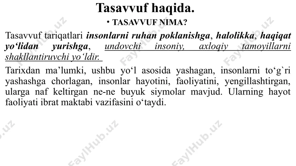 nadi. burhoniddin al biqoiy (1406-1480)ning "tasavvuf inqirozi", abdurahmon dimashqiyaning "naqshbandiya tahlili" kitobi va boshqa kitoblarda tasavvufning barcha tariqatlari va ularga doir asarlar hamda mashoyixlar qattiq tanqid qilingan. tasavvuf tariqatlariga mansub pir-u komillar: hakim termiziy, najmiddin kubro, abduxoliq g`ijduvoniy, xoja ahmad yassaviy, bahouddin naqshband, xoja axror valiy, shayx zayniddin, zangi ota, shayx xovandi tohur kabi valiylarning hayot va ijodlarini chuqur o‘rganish, qoldirgan asarlaridan xalqni bahramand etish borasida muayyan ishlar qilinmoqda. tariqatlar, tasavvuf va mutasavviflar tarixini o‘rgangan olimlardan biri abu nuaym o‘zining “xulyatul avliyo” kitobida tasavvuf bilan mashhur bo‘lgan tobeinlardan ikki yuz kishini tarjimayi holini keltirgan. taba’a tobe’inlar avlodida fuzayl ibn iyoz va ibrohim ibn adham boshliq ko‘plab so‘fiylar yetishib chiqdilar. ammo ma’lum shayx nomi bilan mashhur bo‘lgan katta tariqatlarning aksari hijriy v va vi asrlarga to‘g`ri keladi. bundan esa aynan o‘sha asrlarda tasavvuf o‘z ravnaqining cho‘qqisiga erishganini bilish mumkin. quyida shu davrlarda paydo bo‘lgan va taraqqiy etgan tariqatlarga misollar keltiriladi. 1.rifo‘iya …